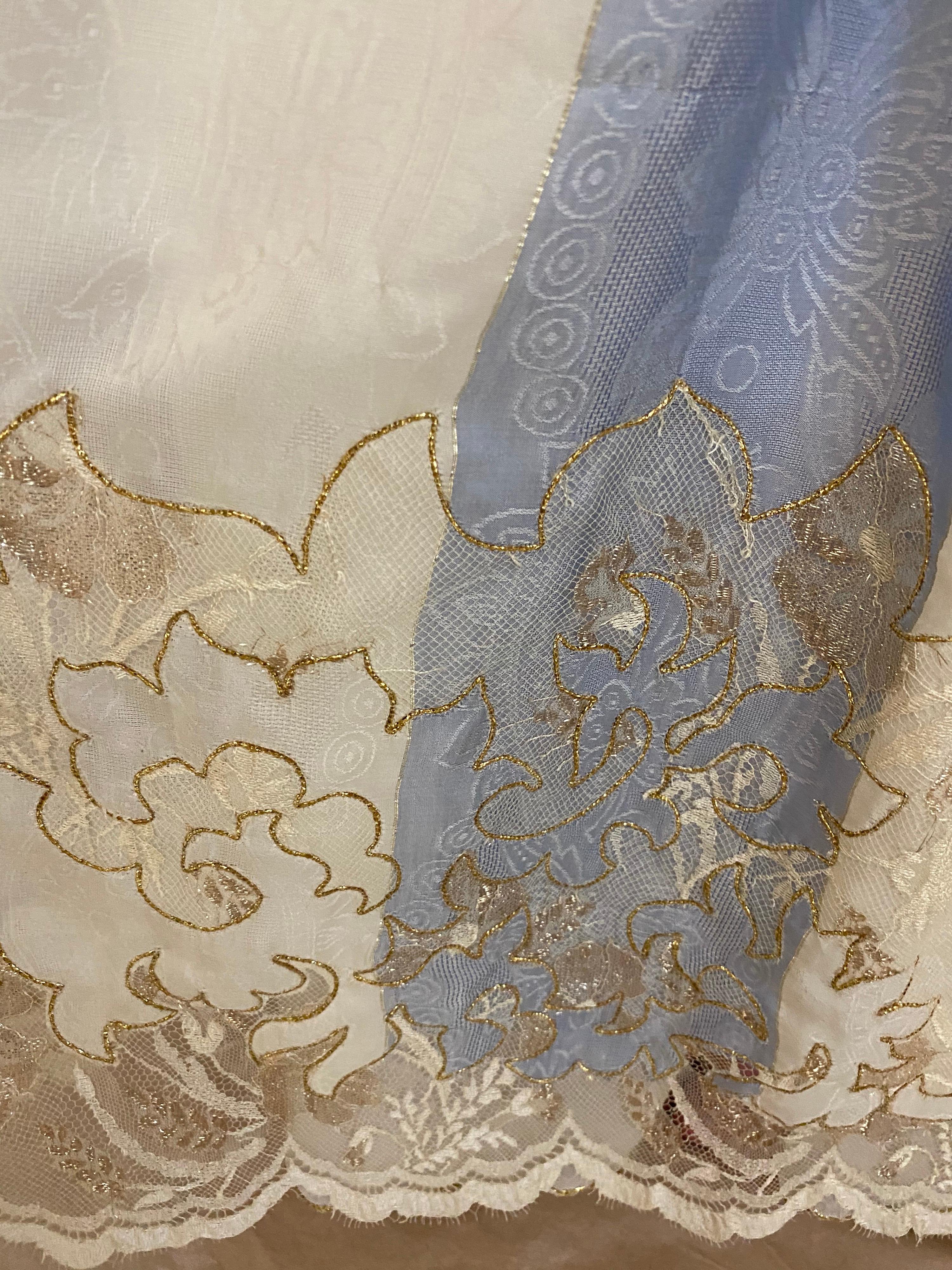 Vintage Oscar De La Renta Creme and Blue Silk Blouse and Skirt Set In Good Condition In Beverly Hills, CA