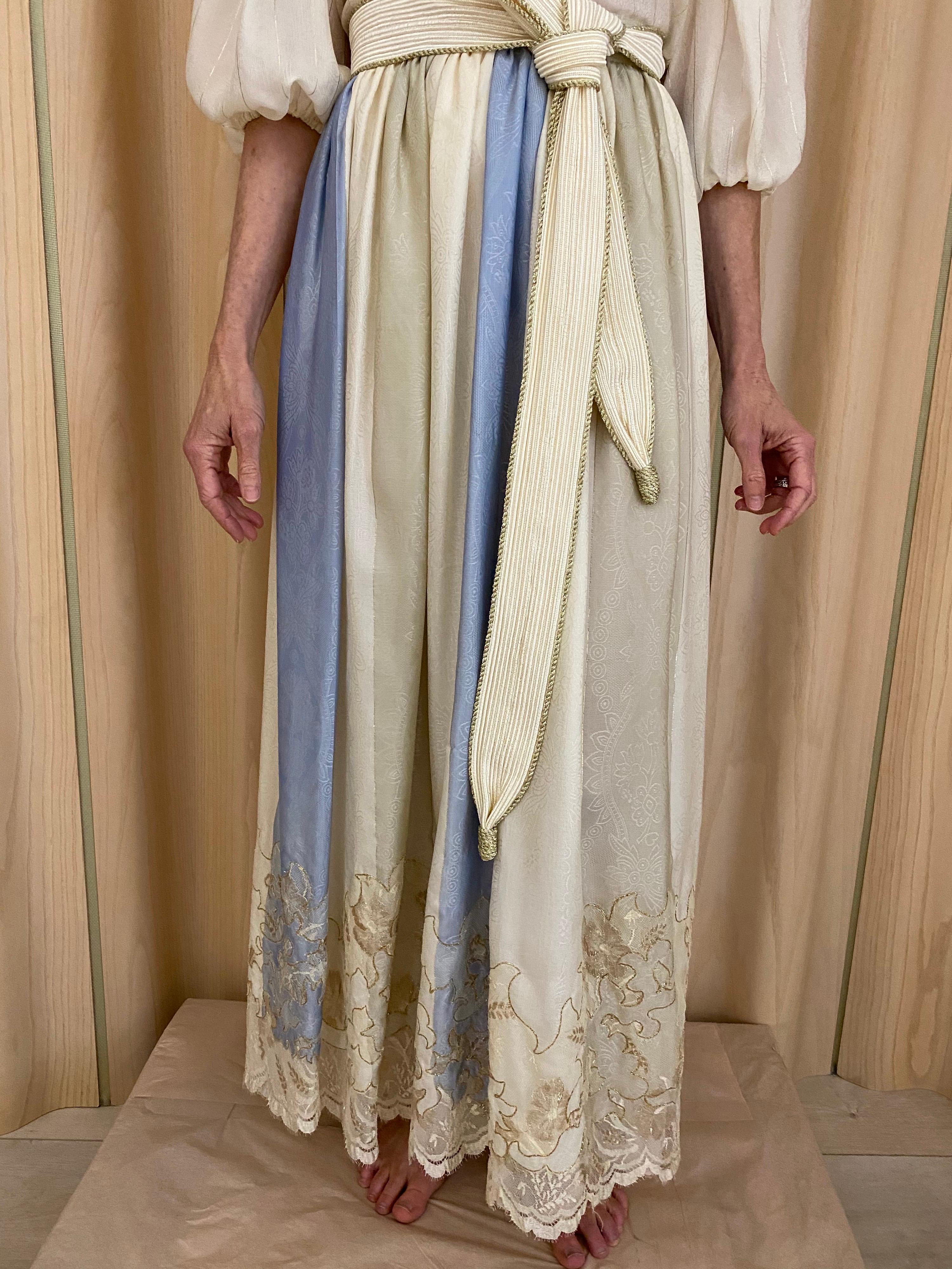 Women's Vintage Oscar De La Renta Creme and Blue Silk Blouse and Skirt Set