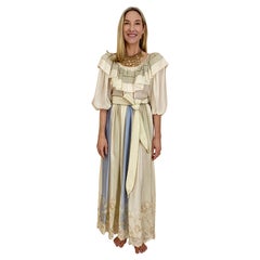 Vintage Oscar De La Renta Creme and Blue Silk Blouse and Skirt Set
