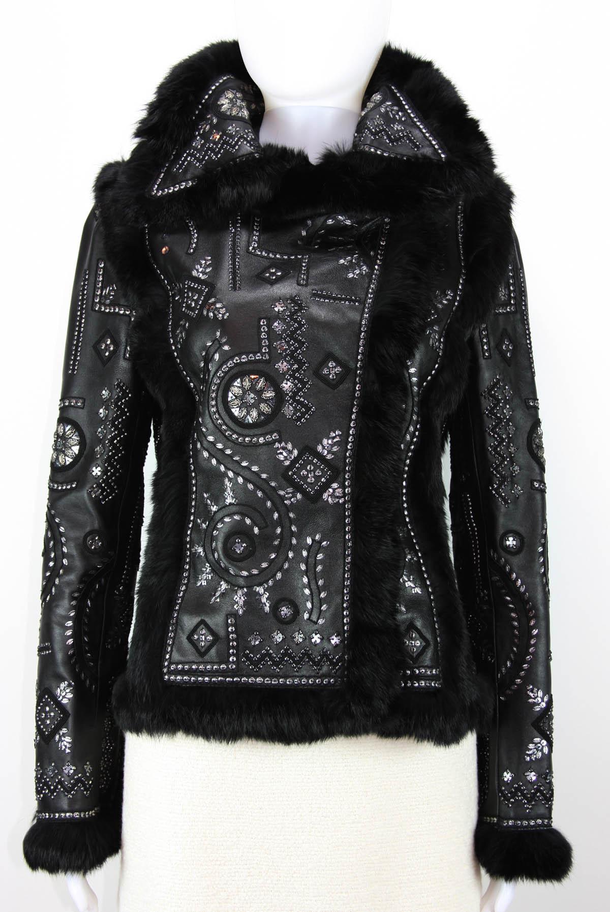 Nero Oscar De La Renta - Giacca in pelle impreziosita con pelliccia FOX - US 6 in vendita