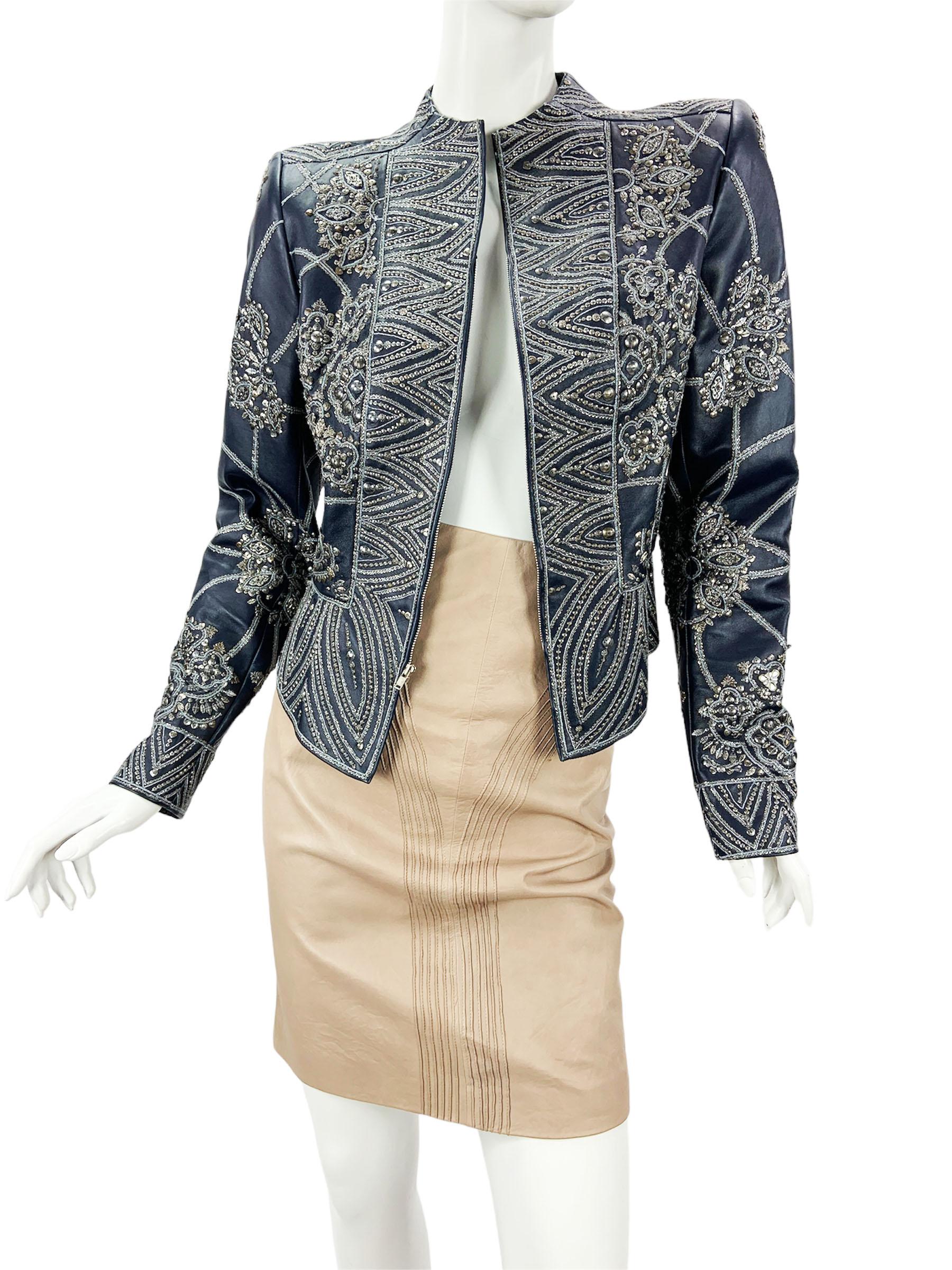 Vintage Oscar de la Renta F/W 2006 Blue Leather Embroidered Jacket US size 6 3