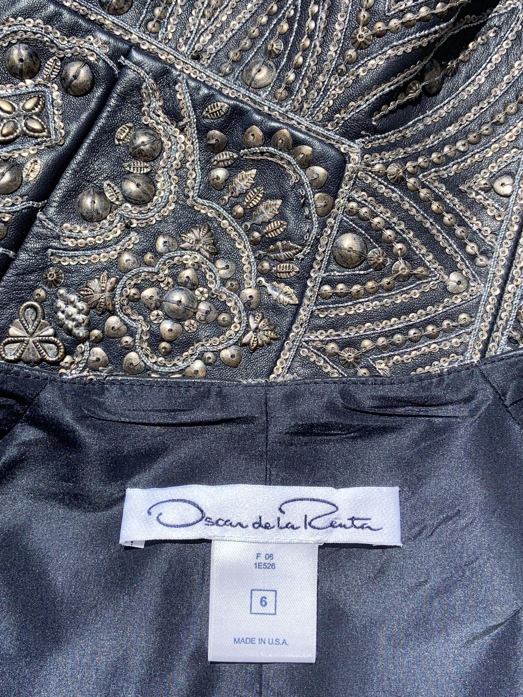 Vintage Oscar de la Renta F/W 2006 Blue Leather Embroidered Jacket US size 6 For Sale 4