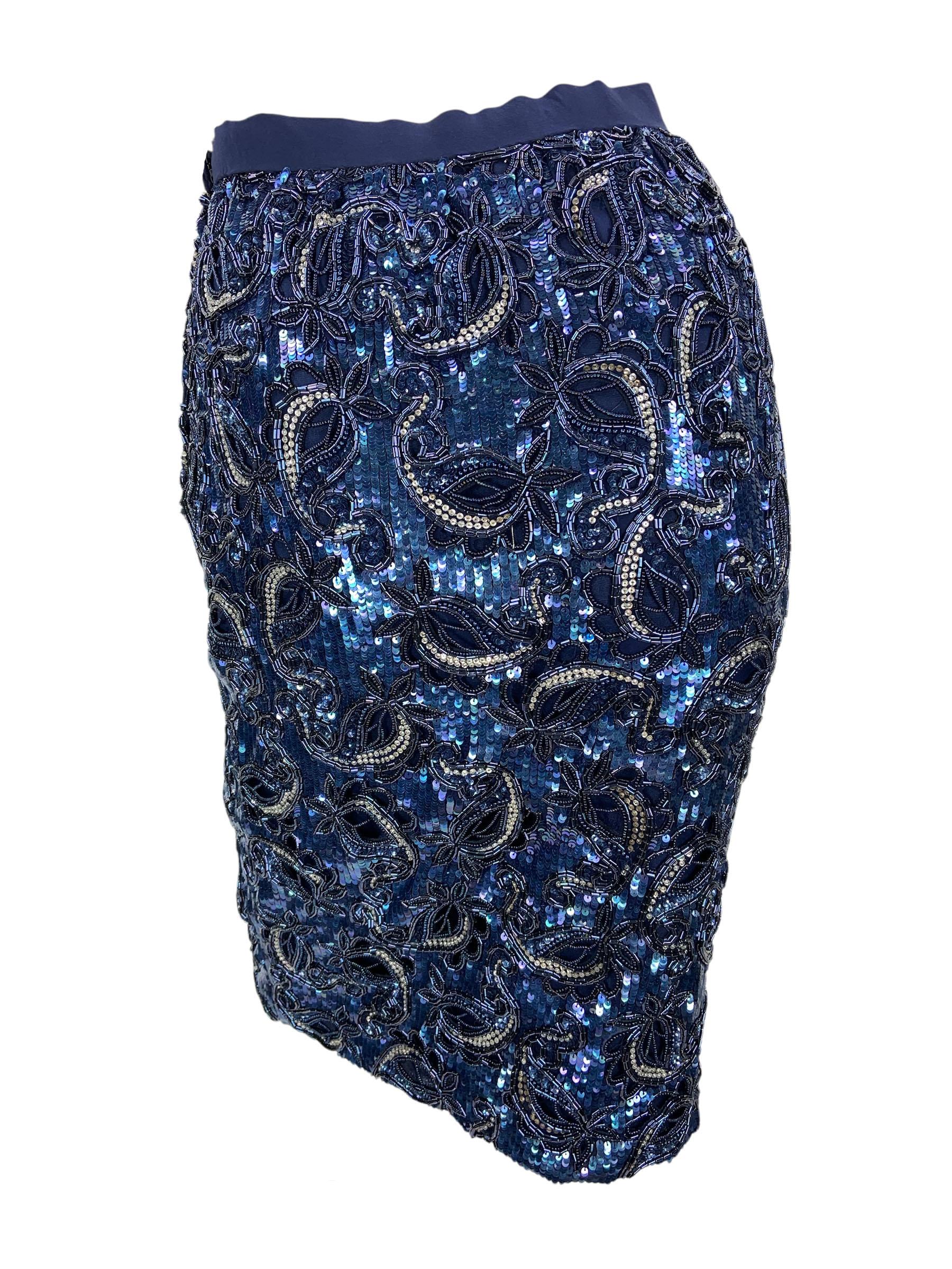 Nero Vintage Oscar De La Renta Gonna blu navy con perline e paillettes S.I.M. in vendita