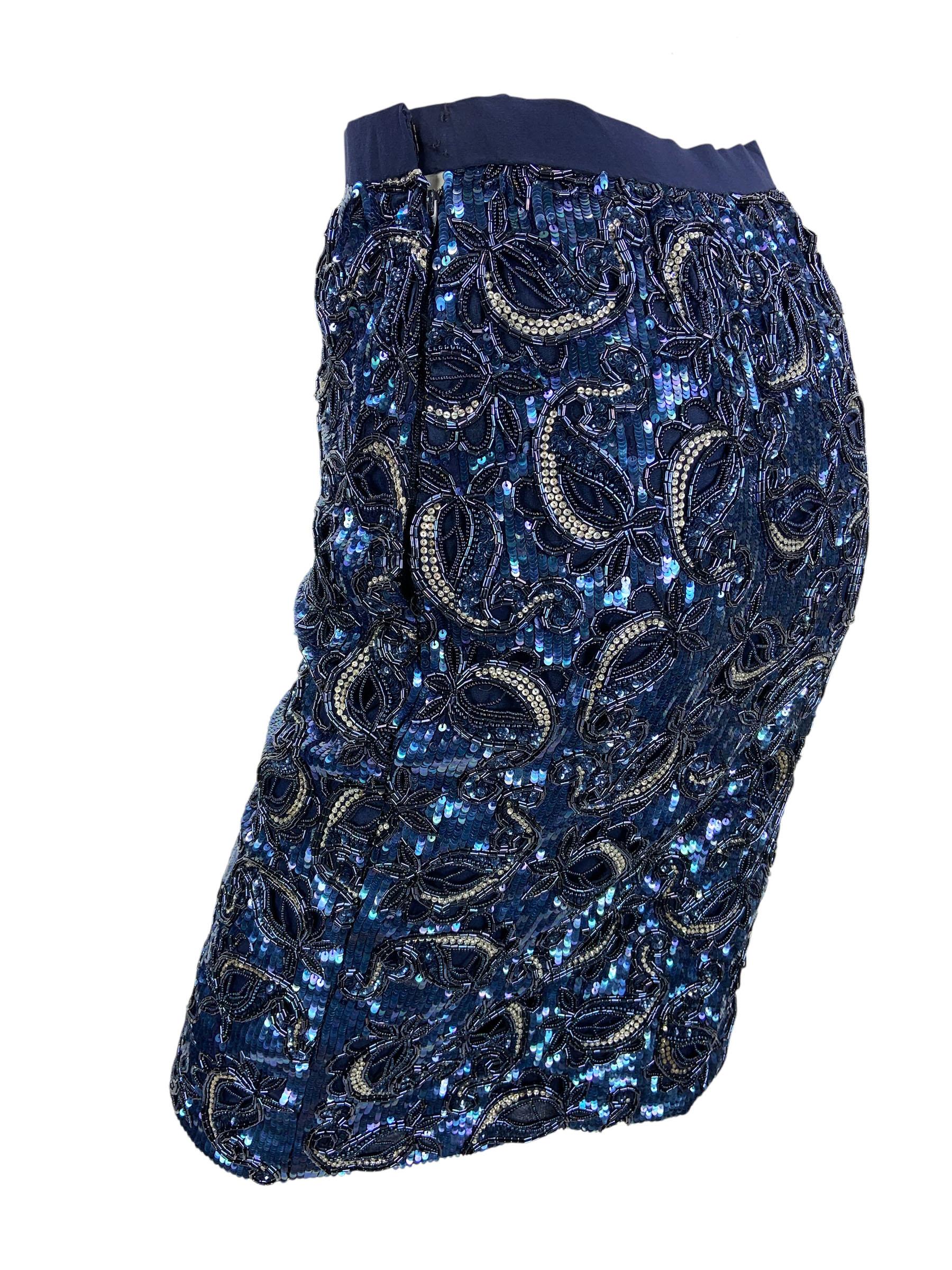 Vintage Oscar De La Renta Gonna blu navy con perline e paillettes S.I.M. In condizioni buone in vendita a Montgomery, TX