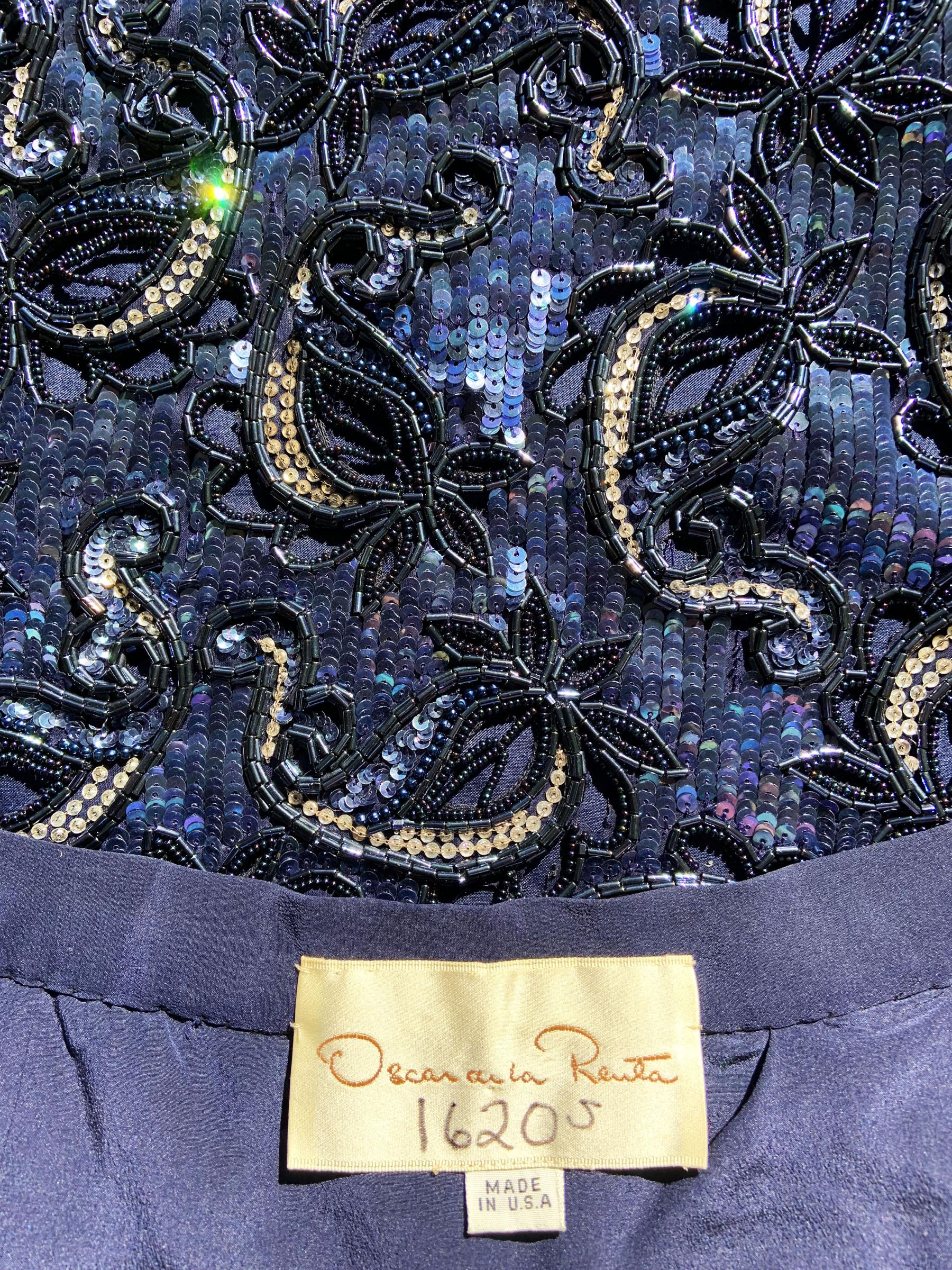 Donna Vintage Oscar De La Renta Gonna blu navy con perline e paillettes S.I.M. in vendita