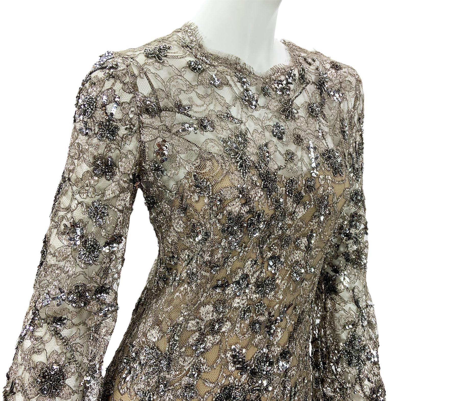 Vintage Oscar de la Renta Fully Embellished Smoky Gray Lace Dress Gown  6