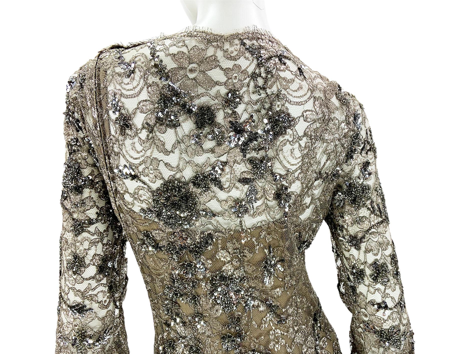 Vintage Oscar de la Renta Fully Embellished Smoky Gray Lace Dress Gown  7