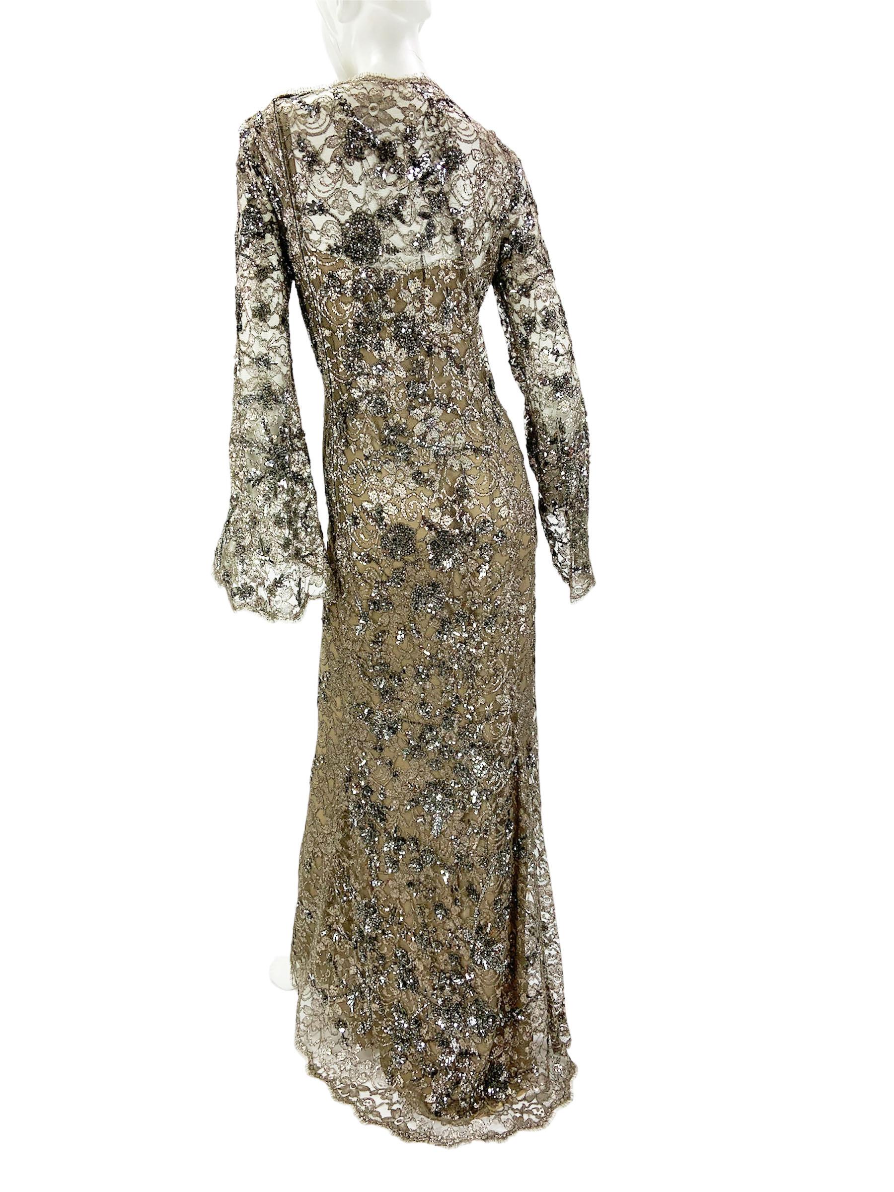 Women's Vintage Oscar de la Renta Fully Embellished Smoky Gray Lace Dress Gown 
