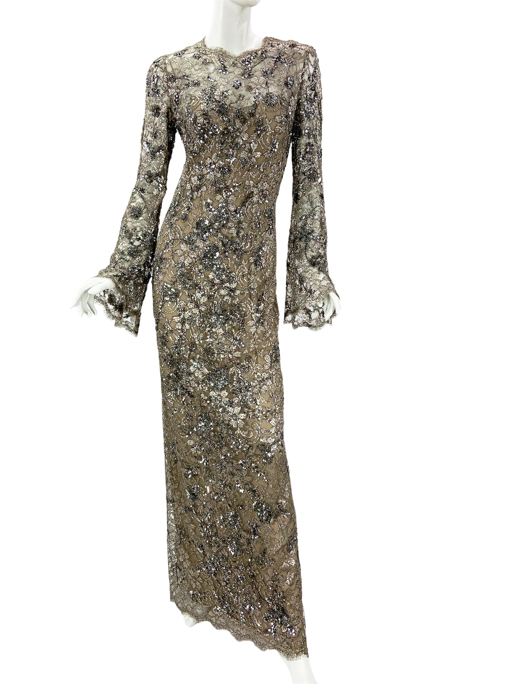 Vintage Oscar de la Renta Fully Embellished Smoky Gray Lace Dress Gown  2