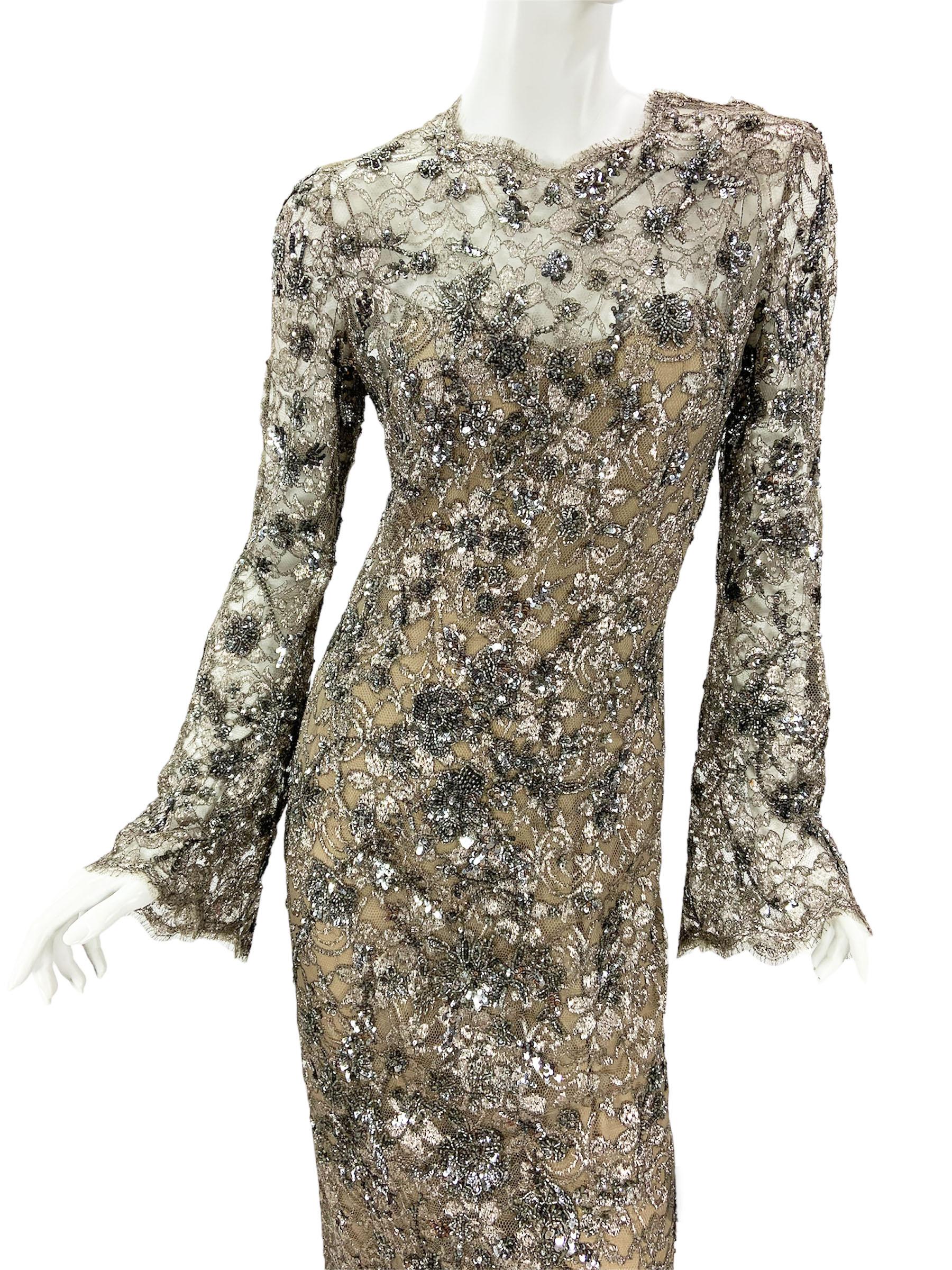 Vintage Oscar de la Renta Fully Embellished Smoky Gray Lace Dress Gown  3