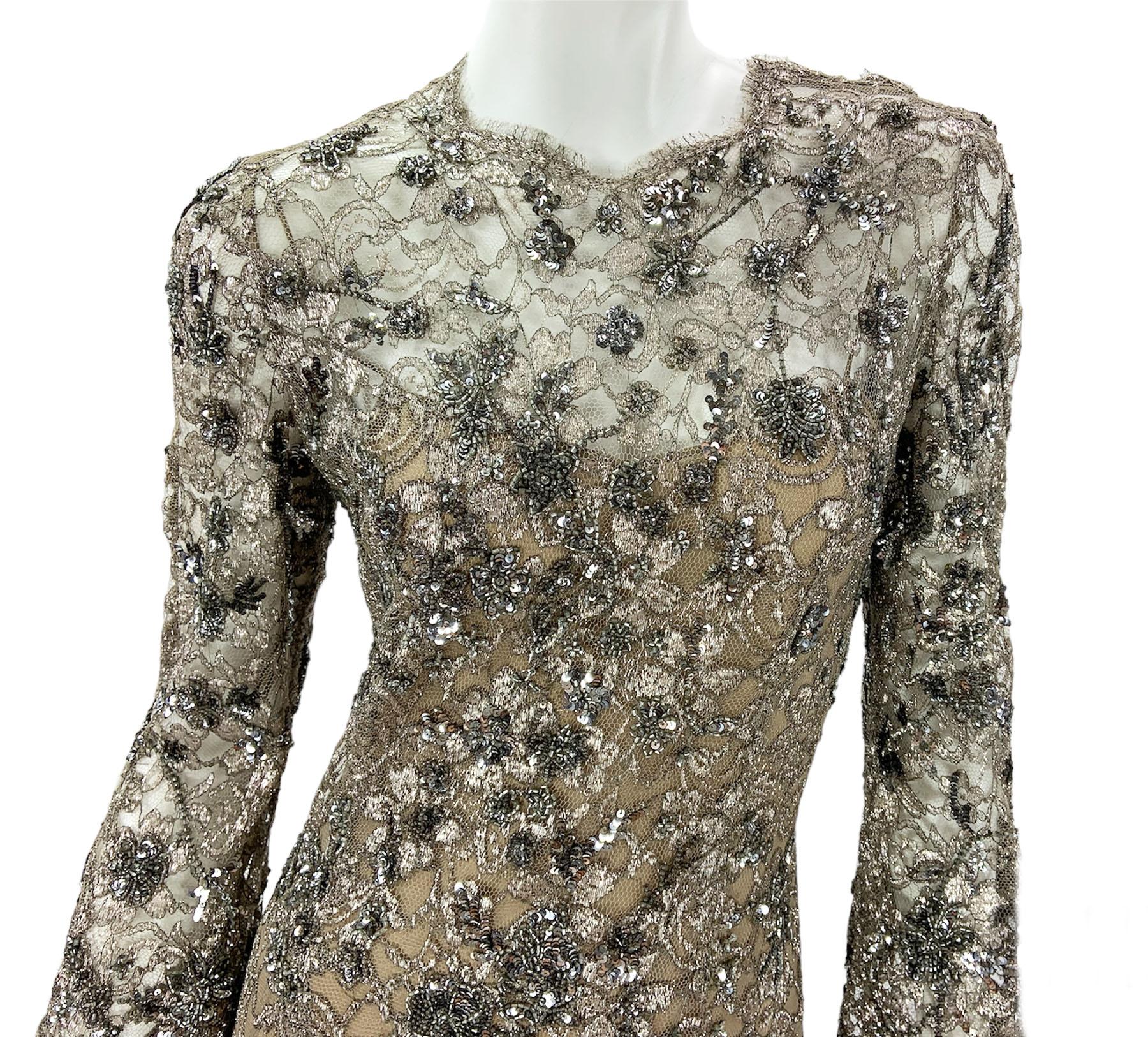 Vintage Oscar de la Renta Fully Embellished Smoky Gray Lace Dress Gown  4
