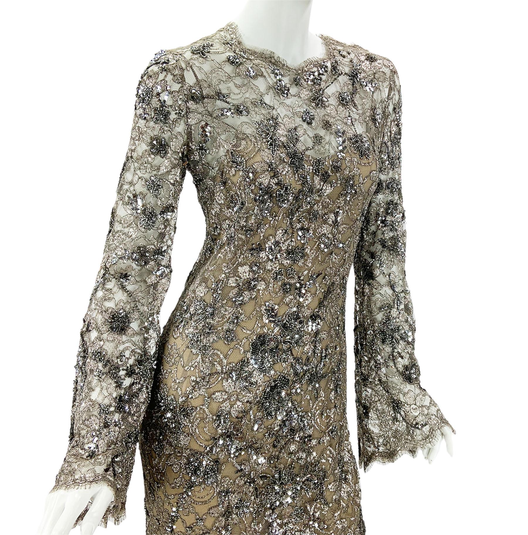 Vintage Oscar de la Renta Fully Embellished Smoky Gray Lace Dress Gown  5