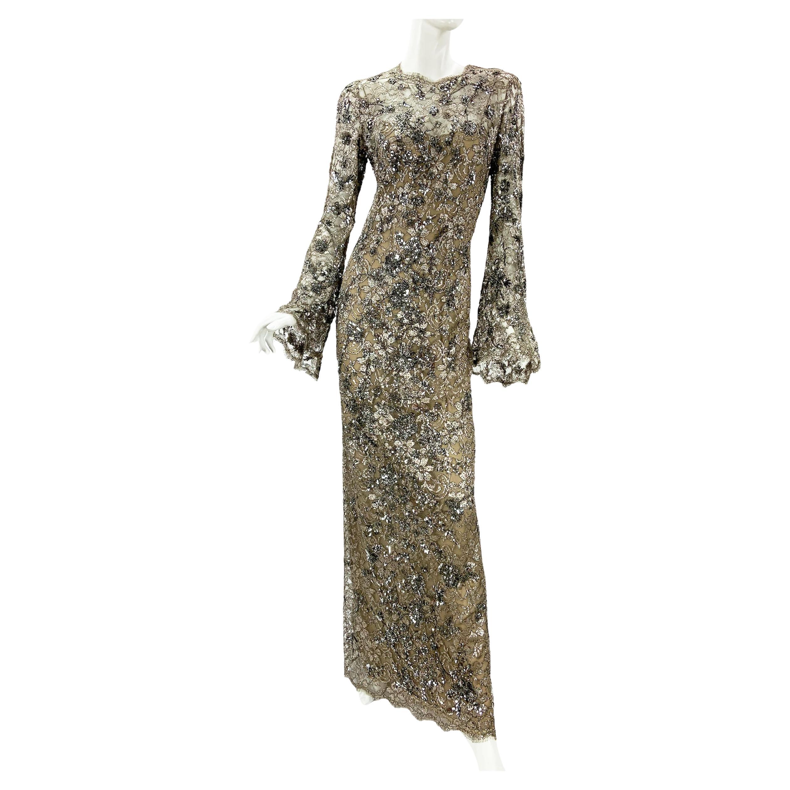 Vintage Oscar de la Renta Fully Embellished Smoky Gray Lace Dress Gown 