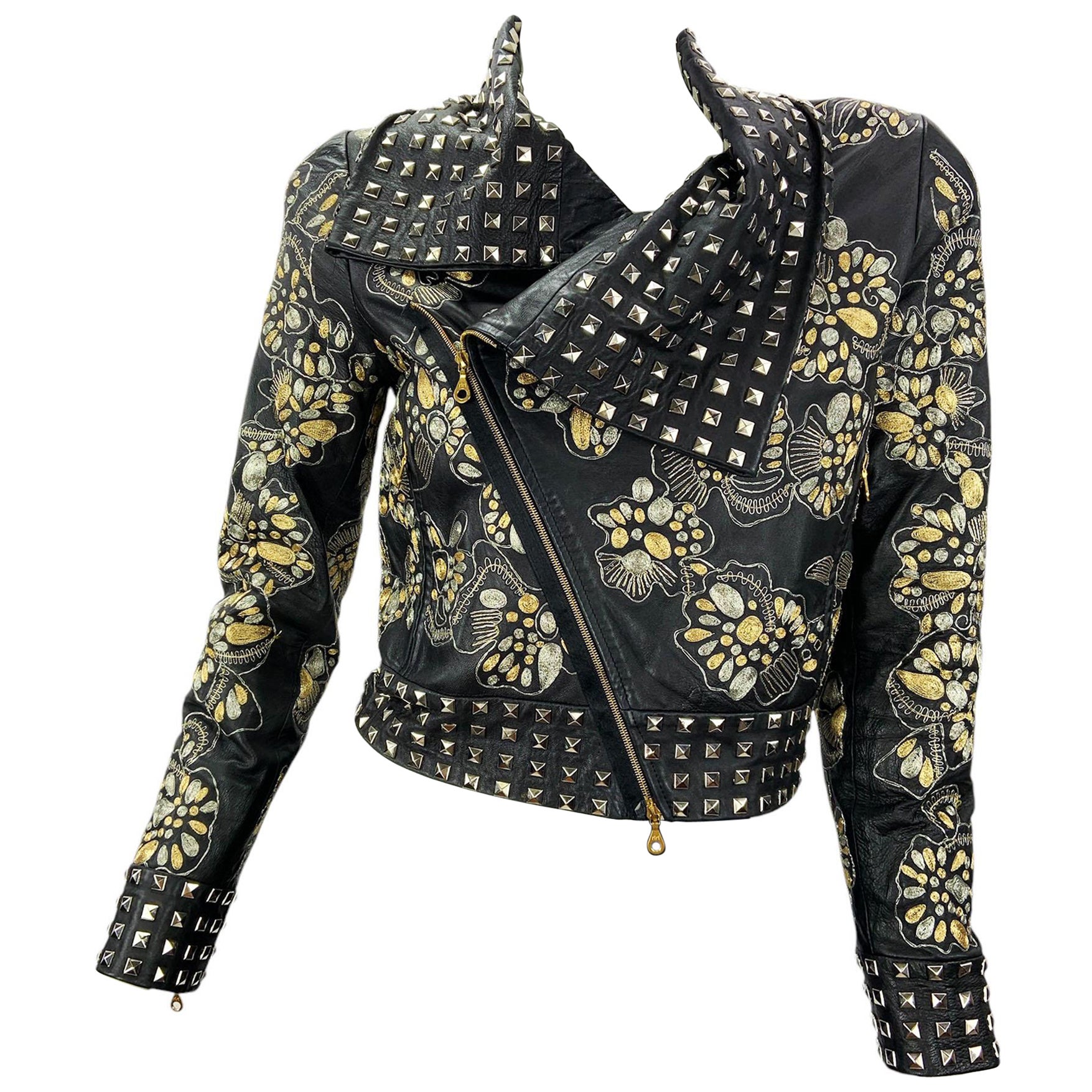Vintage Oscar De La Renta FW 2009 Black Leather Embroidered Studded Jacket US  6