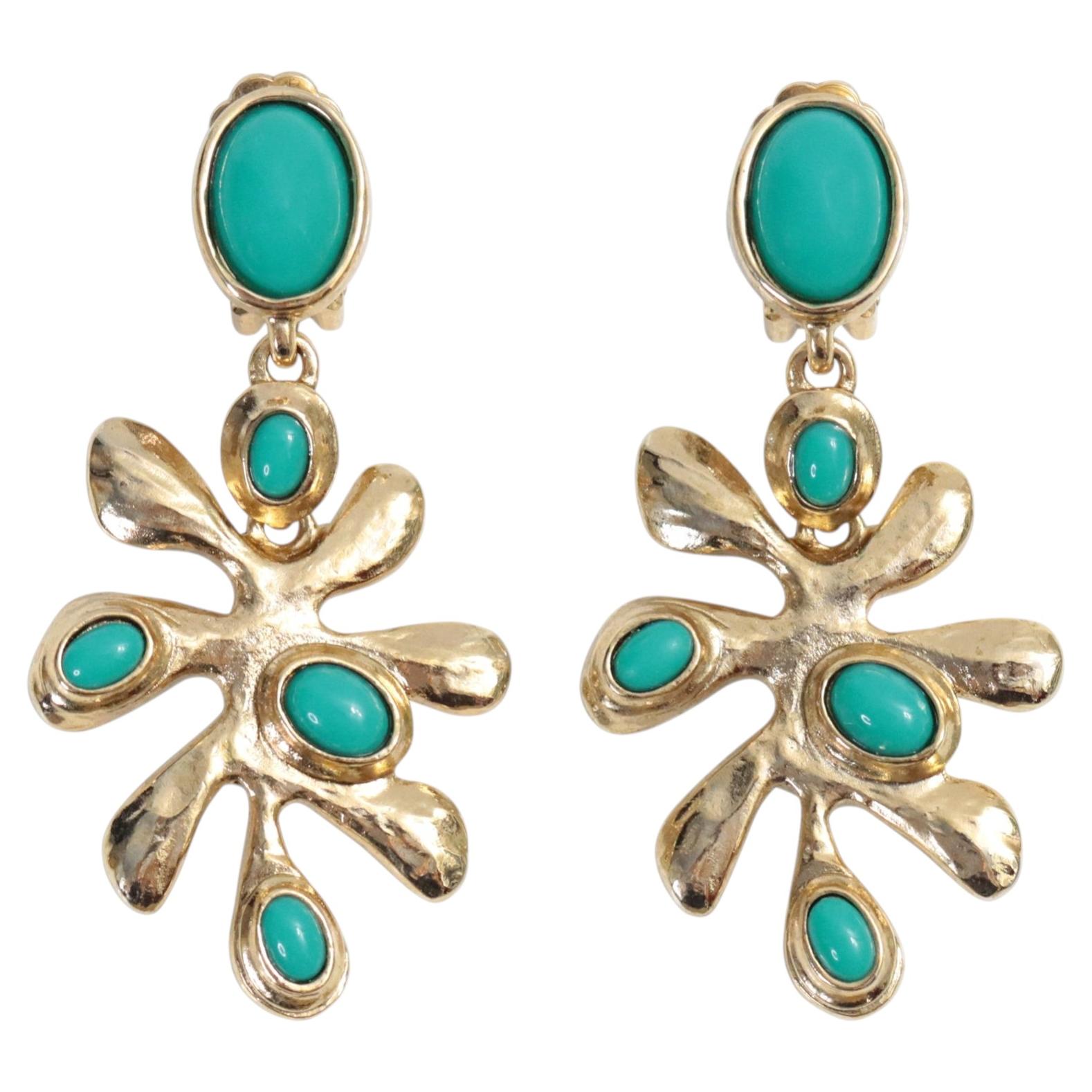 Vintage Oscar De La Renta Gold-Tone Faux Turquoise Dangle Earrings