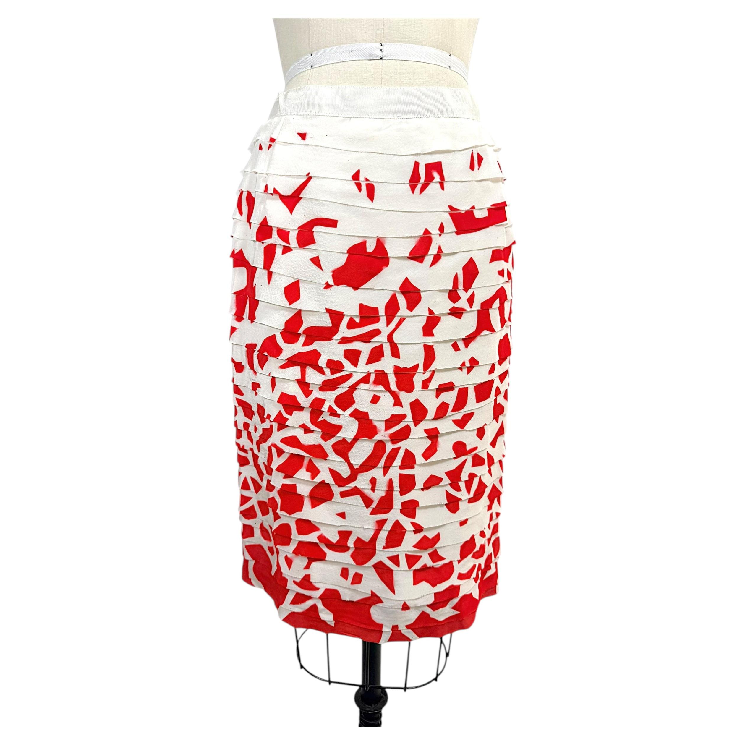 Vintage Oscar de la Renta Ivory and Red Layered Silk Pencil Skirt