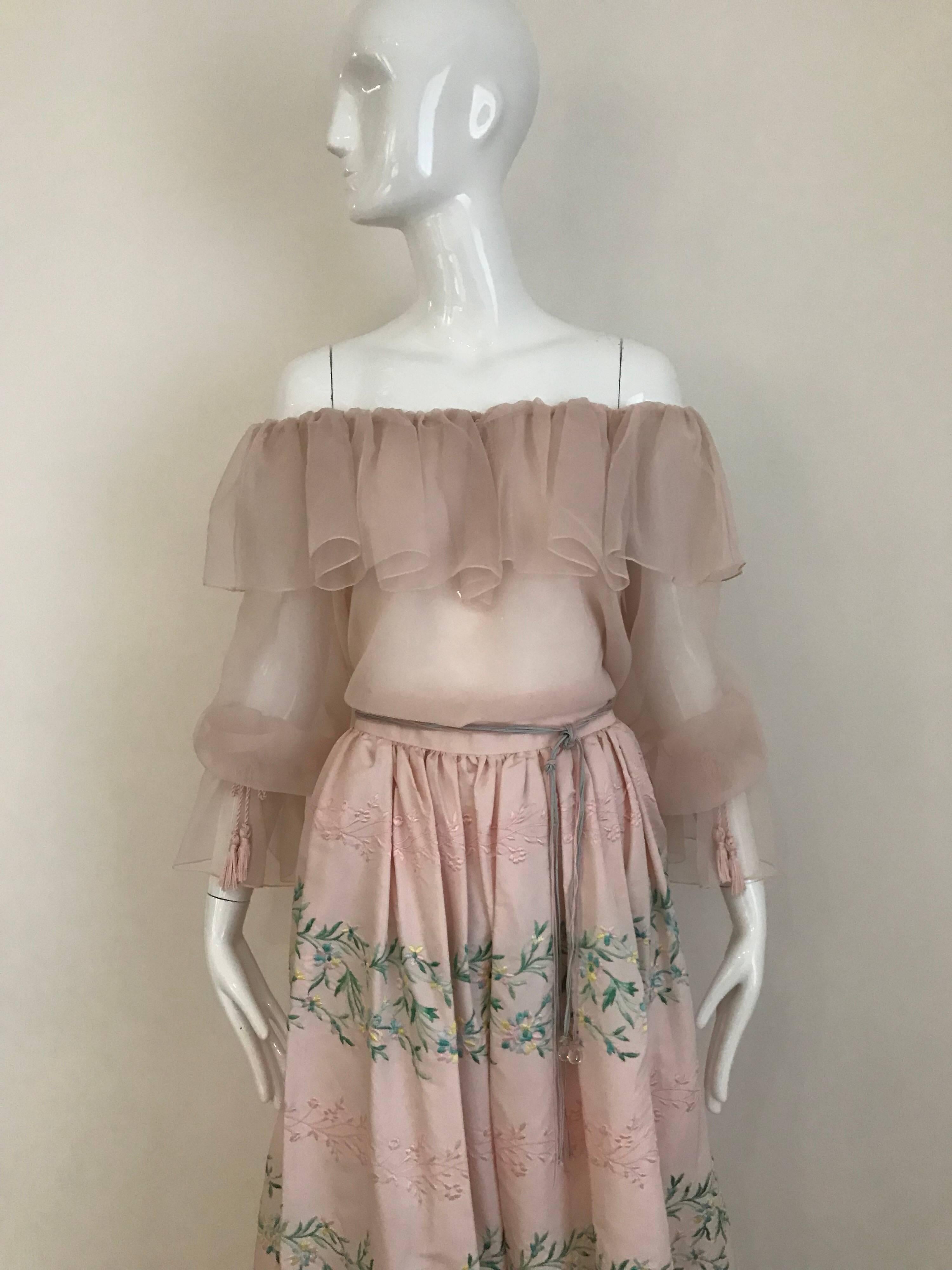 Beige Vintage Oscar De La Renta Light Pink Blouse and Embroidered Maxi Skirt 
