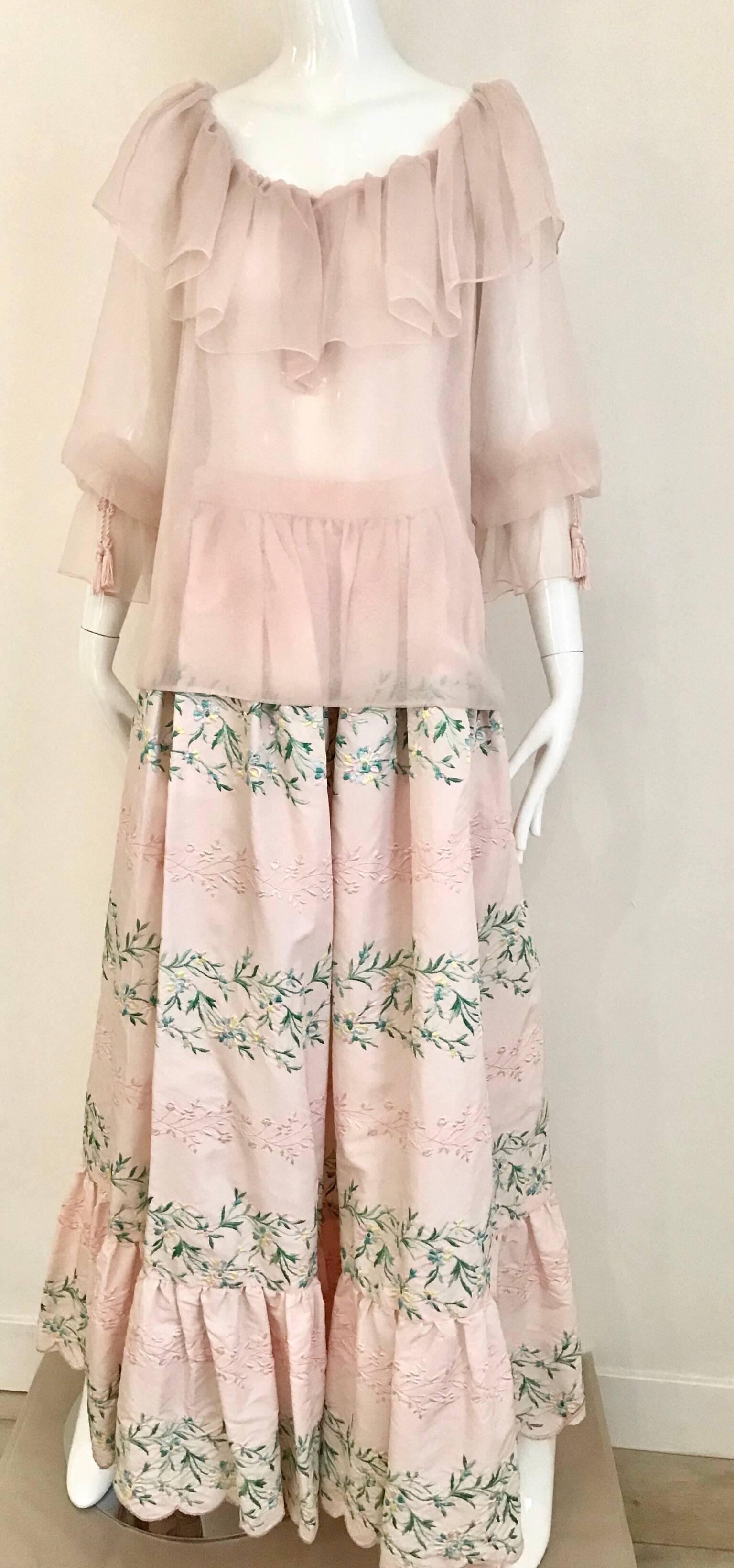 Vintage Oscar De La Renta Light Pink Blouse and Embroidered Maxi Skirt  1