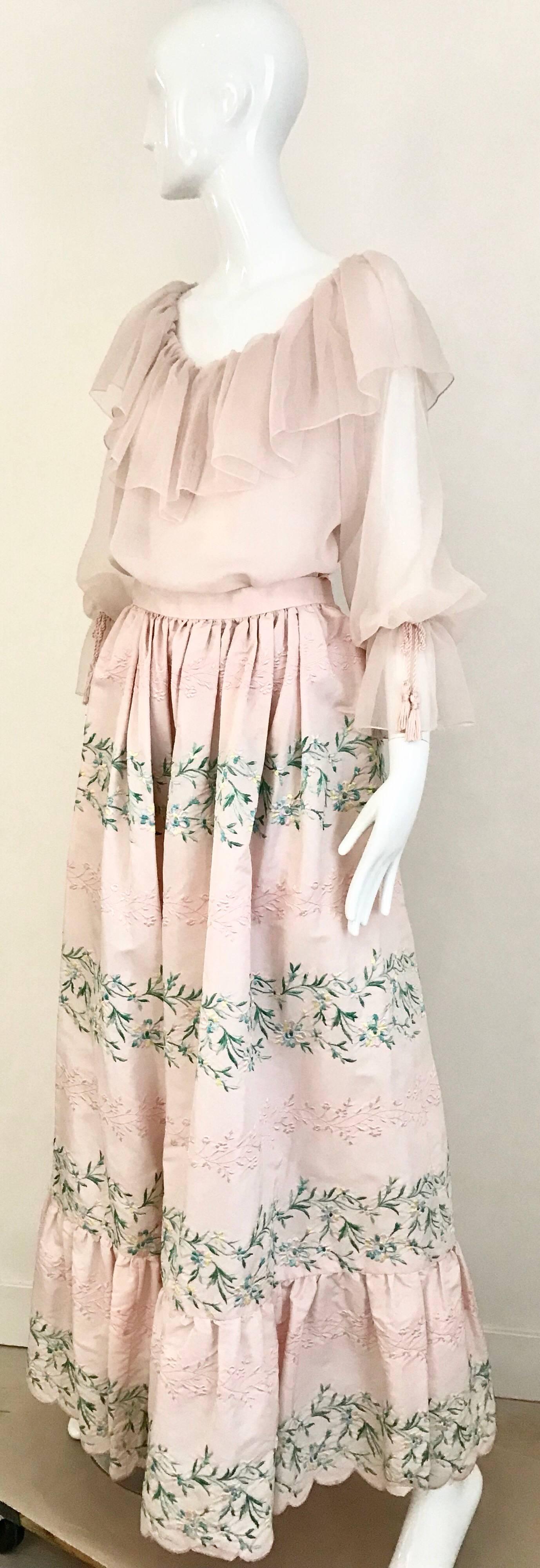 Vintage Oscar De La Renta Light Pink Blouse and Embroidered Maxi Skirt  2