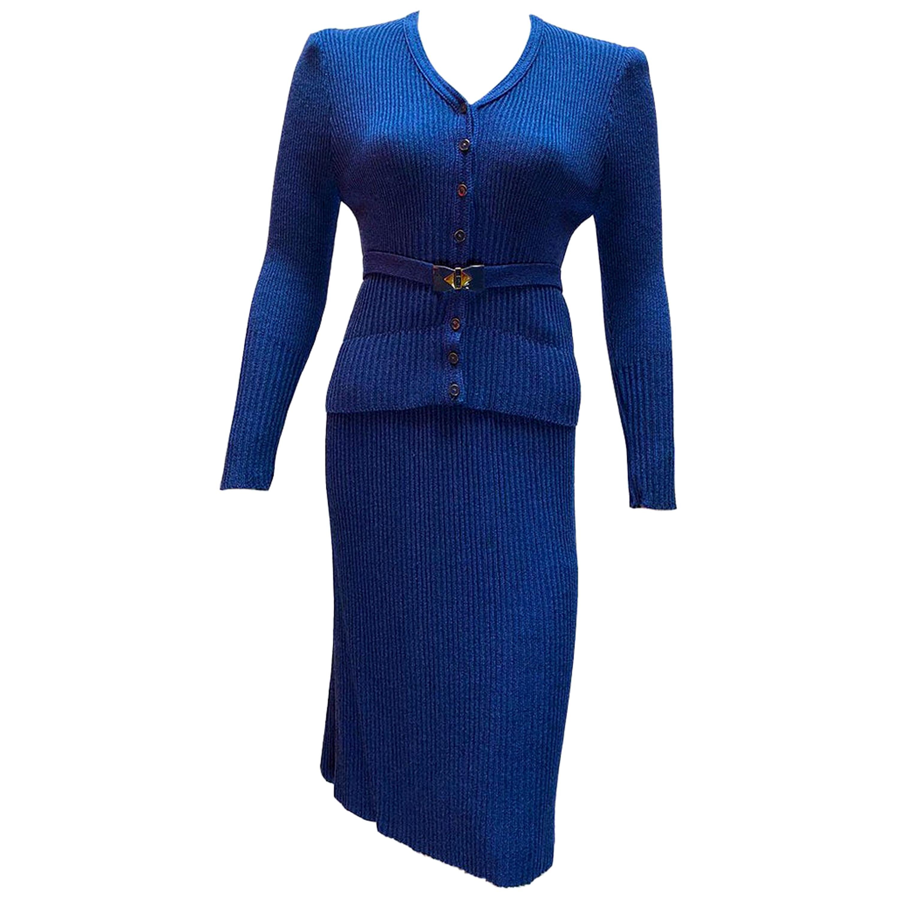 Vintage Oscar De La Renta matching sweater skirt knitted royal blue ensemble For Sale