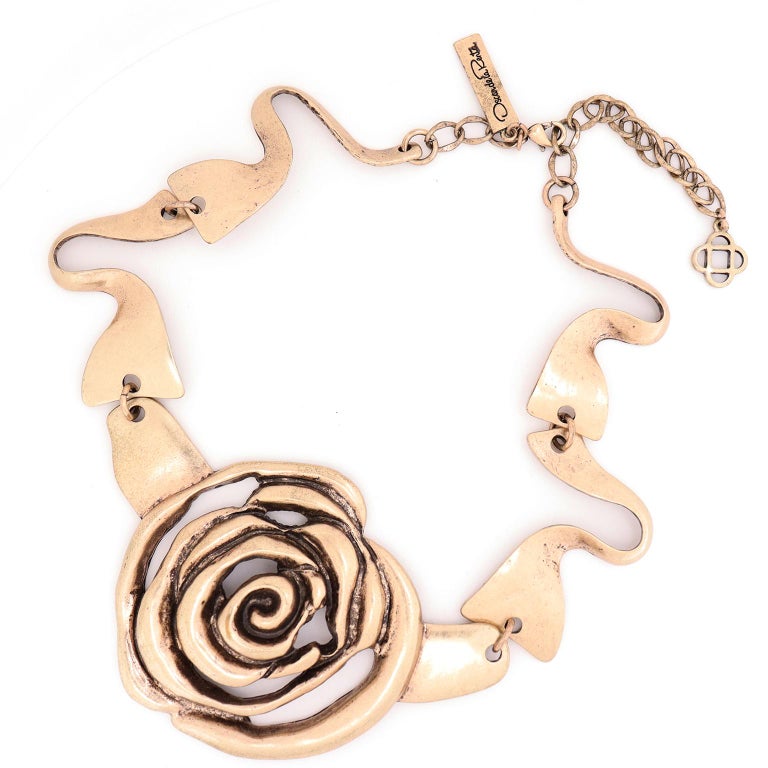 Women's Vintage Oscar de la Renta Metal Rose Flower Statement Collar Necklace For Sale