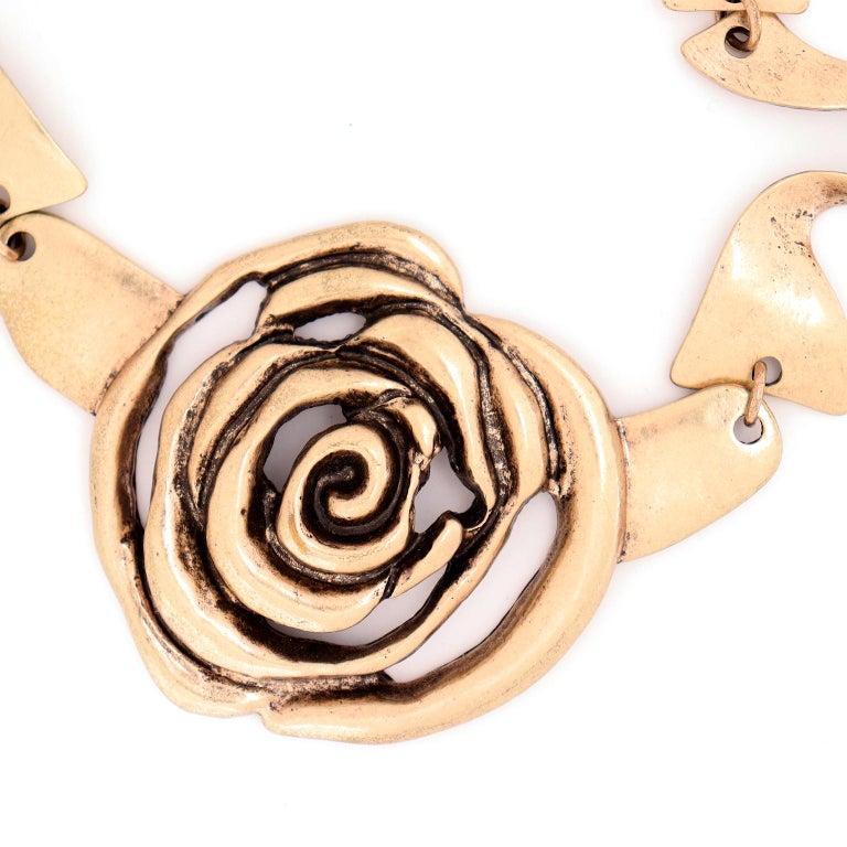Vintage Oscar de la Renta Metal Rose Flower Statement Collar Necklace For Sale 1