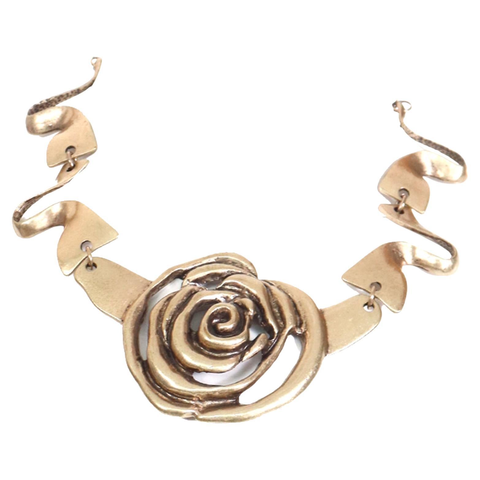 Vintage Oscar de la Renta Metal Rose Flower Statement Collar Necklace