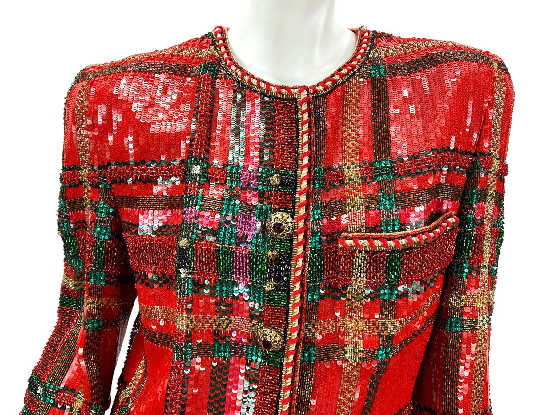 Brown Vintage Oscar de la Renta Museum FW 1991 Runway Fully Beaded Jacket US 10 For Sale