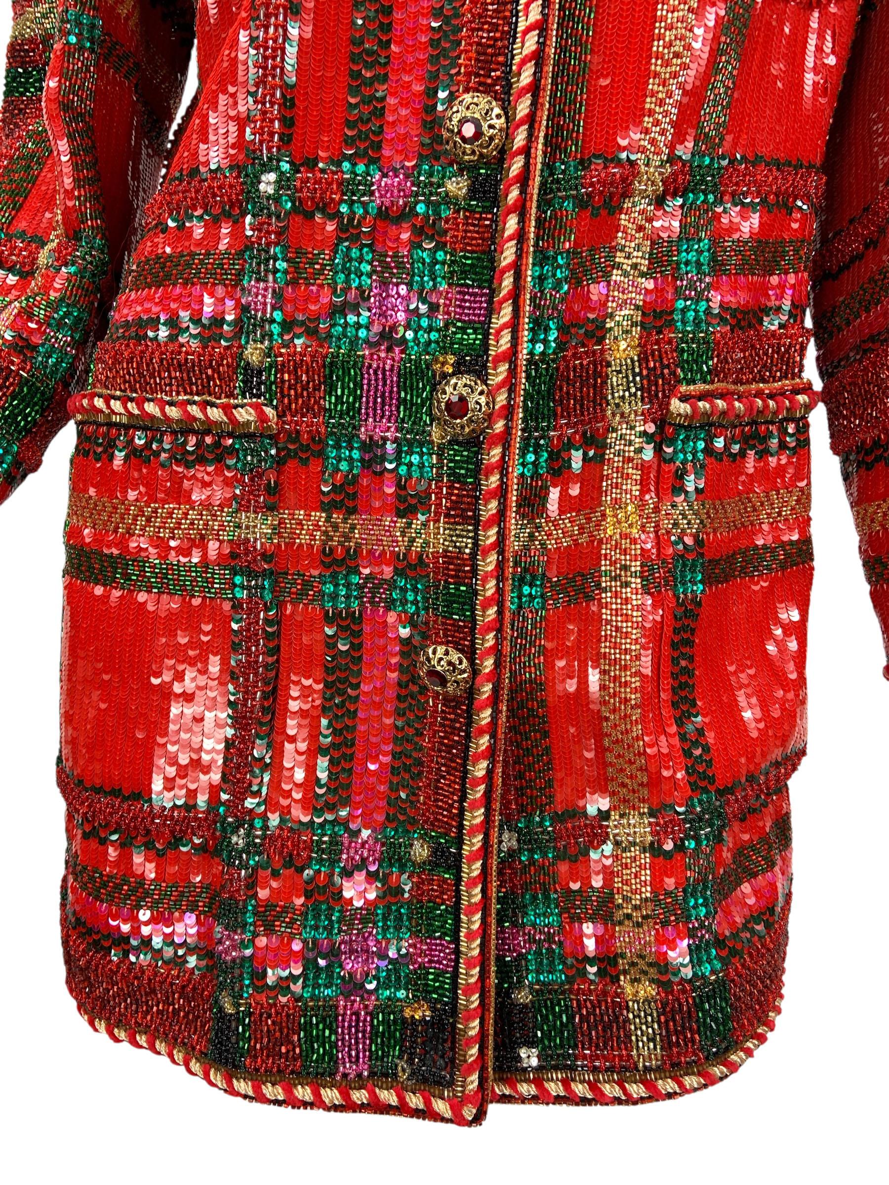 Vintage Oscar de la Renta Museum FW 1991 Runway Fully Beaded Jacket US 10 In Excellent Condition For Sale In Montgomery, TX