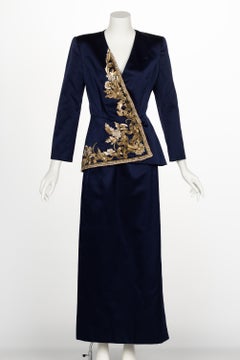 Vintage Oscar de la Renta Navy Satin Gold Embellished Skirt Suit F/W 1992