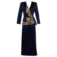 Traje Vintage Oscar De La Renta Falda de satén azul marino con adornos dorados F/W 1992