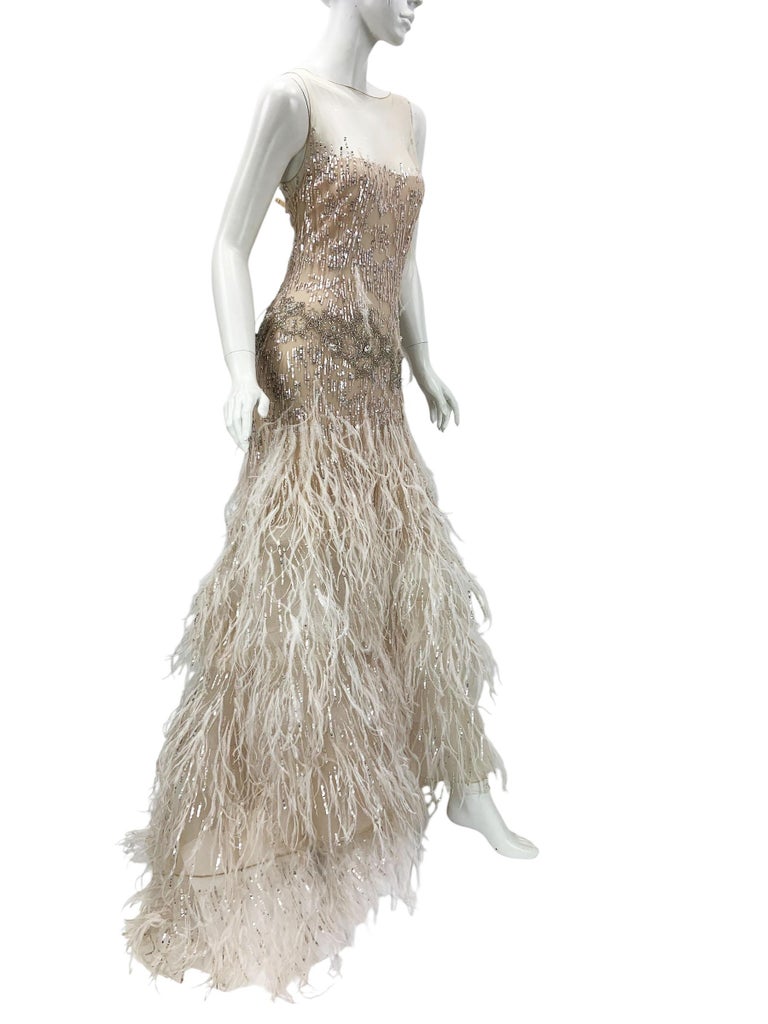 Vintage Oscar de la Renta Nude Color Ostrich Feather Embellished Dress Gown  10 For Sale at 1stDibs