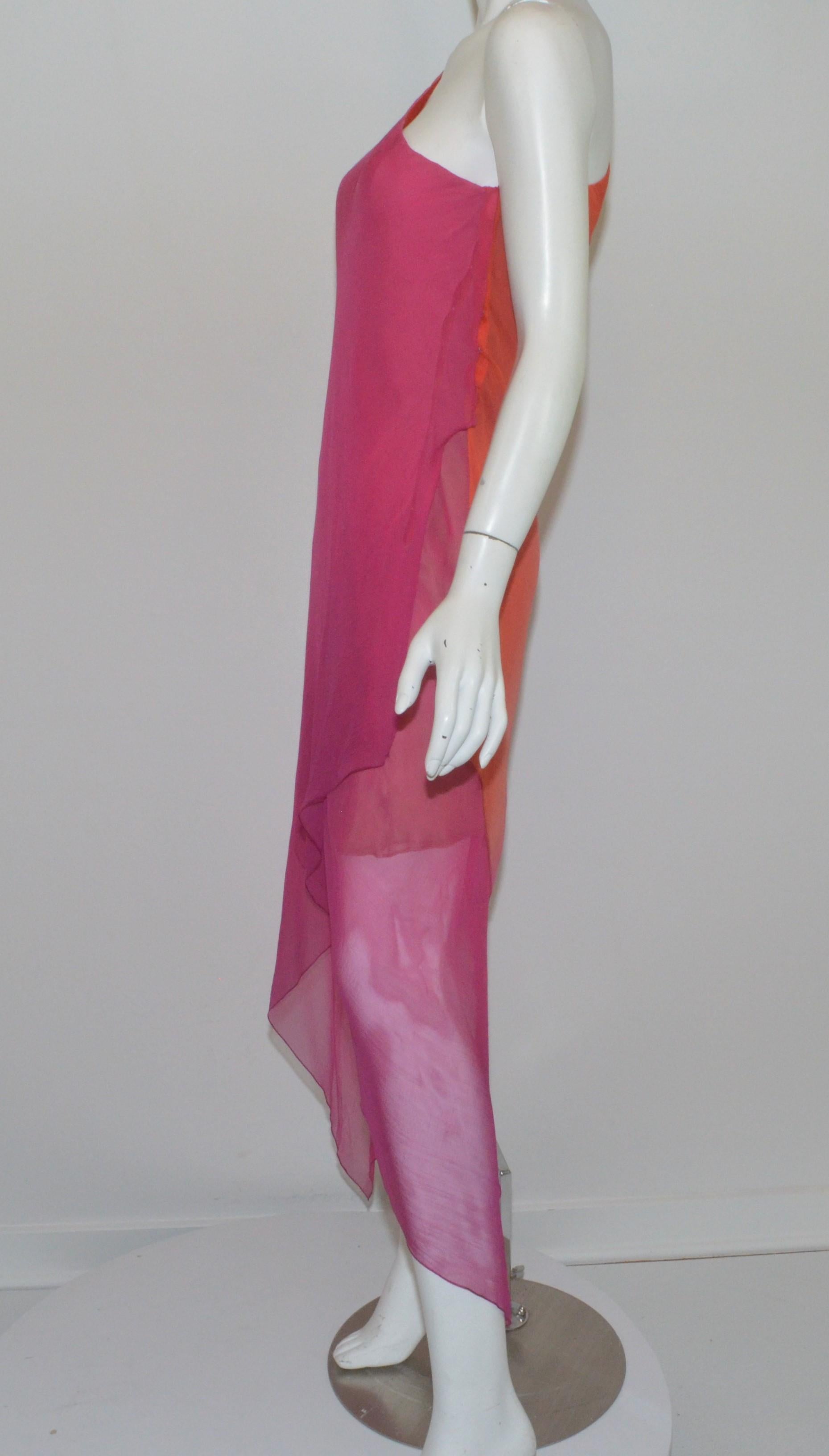 Pink Vintage Oscar de la Renta One Shoulder Asymmetric Chiffon Dress For Sale
