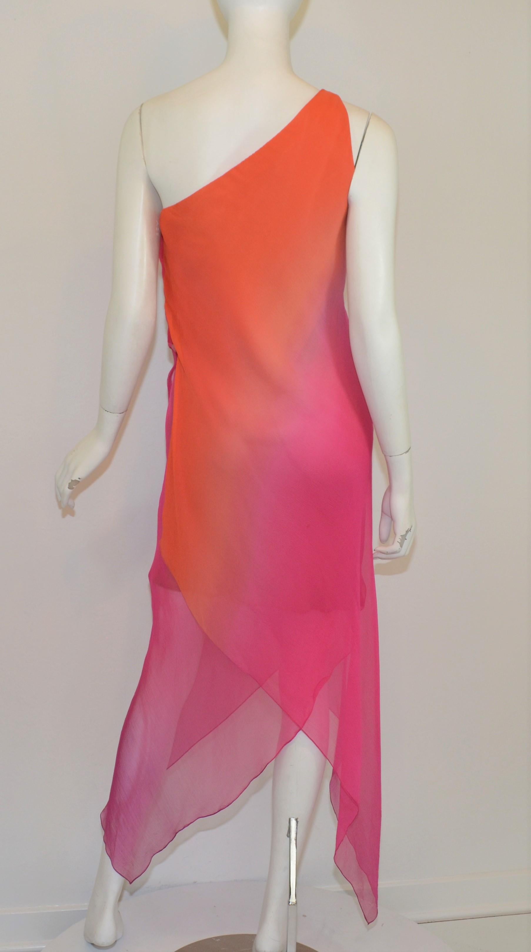 Vintage Oscar de la Renta One Shoulder Asymmetric Chiffon Dress In Good Condition For Sale In Carmel, CA