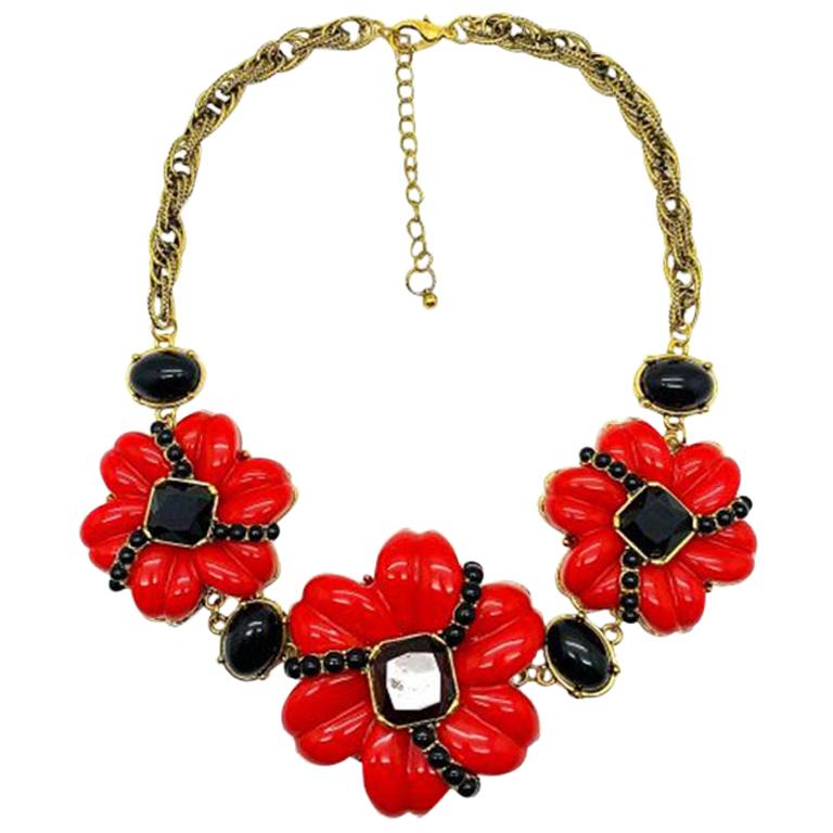 Vintage Oscar De La Renta Red & Black Floral Statement Necklace 2000s For Sale
