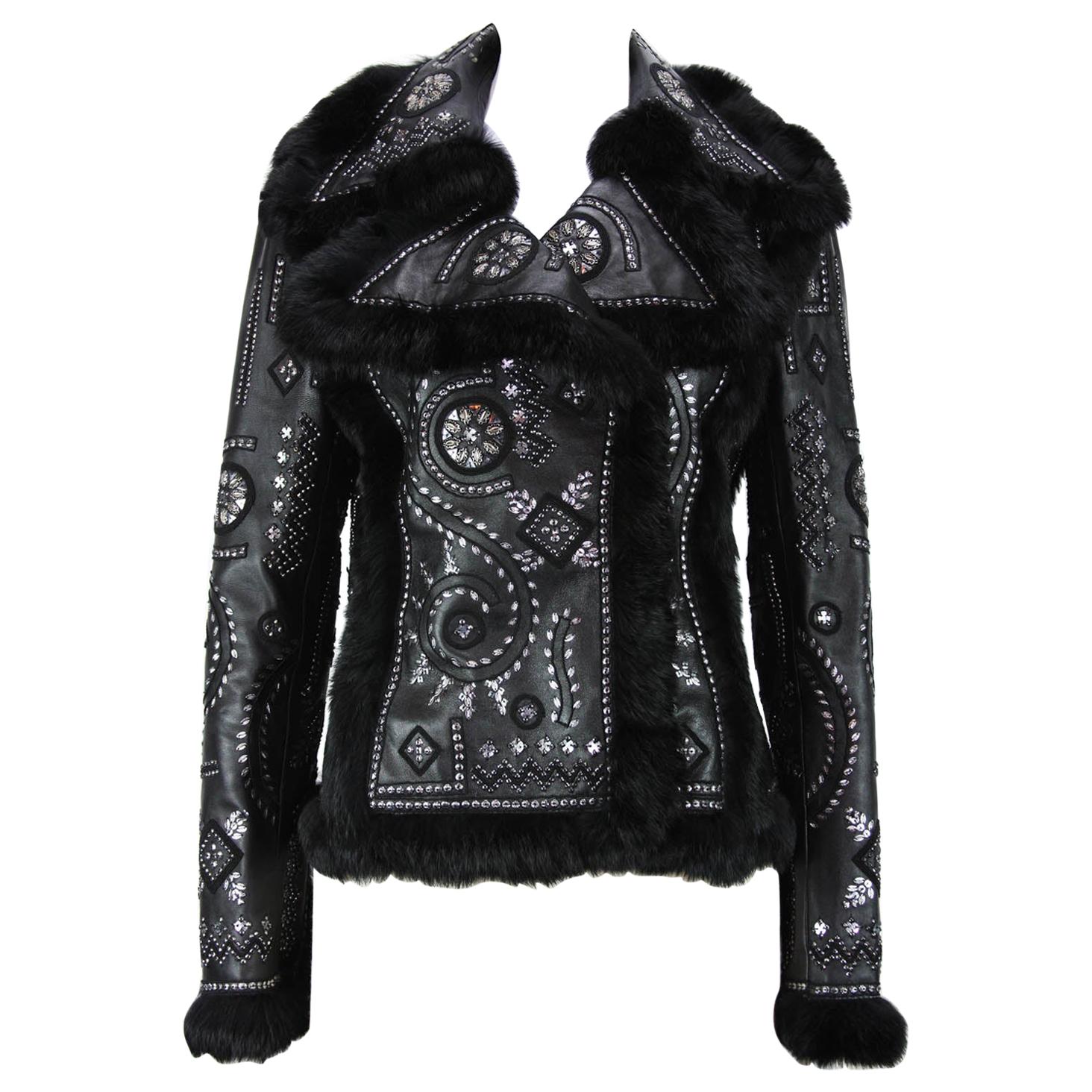 Oscar De La Renta - Vintage - Giacca in pelle impreziosita con pelliccia FOX US 8 in vendita