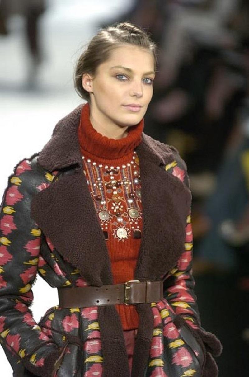 Black Vintage Oscar de la Renta Runway F/W 2005 Shearling Ikat Print Coat US 10 NWT