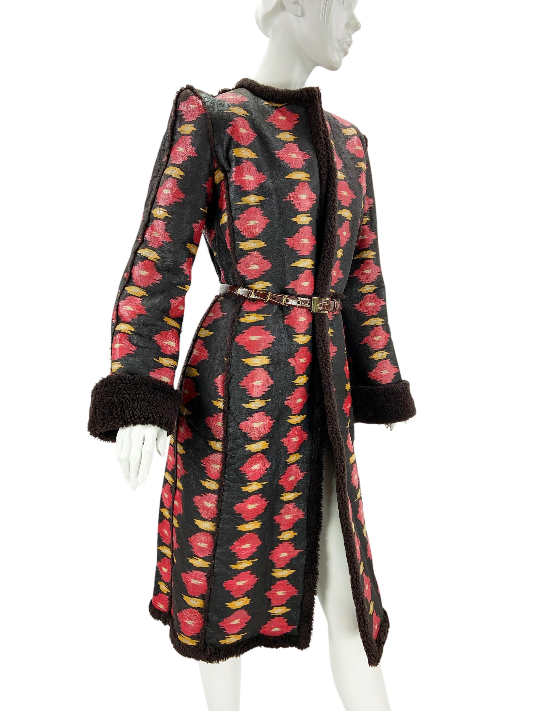 Women's Vintage Oscar de la Renta Runway F/W 2005 Shearling Ikat Print Coat US 10 NWT