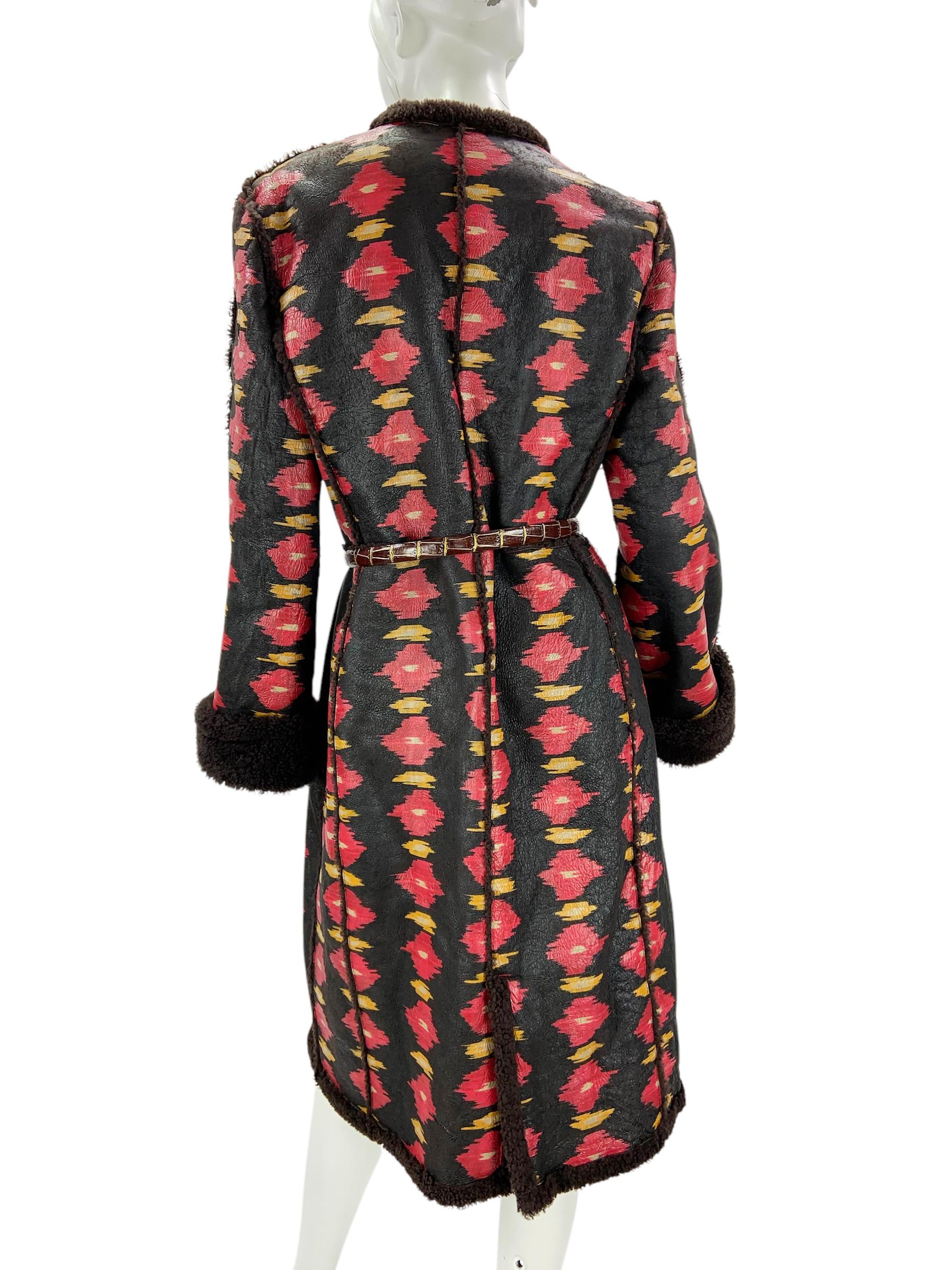 Vintage Oscar de la Renta Runway F/W 2005 Shearling Ikat Print Coat US 10 NWT 1