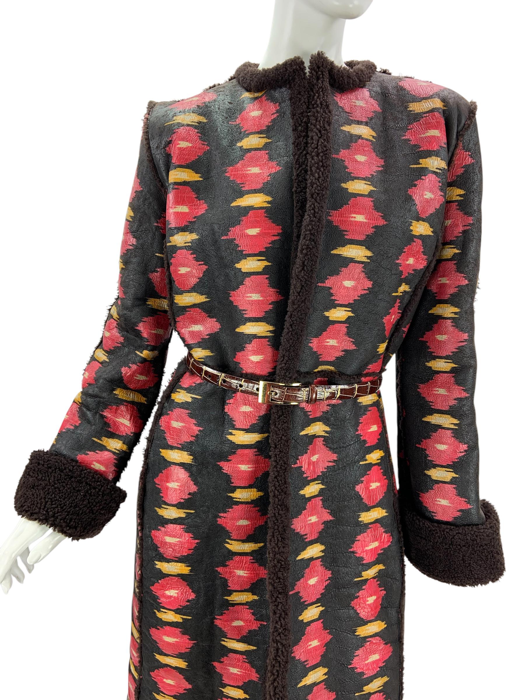 Vintage Oscar de la Renta Runway F/W 2005 Shearling Ikat Print Coat US 10 NWT 2