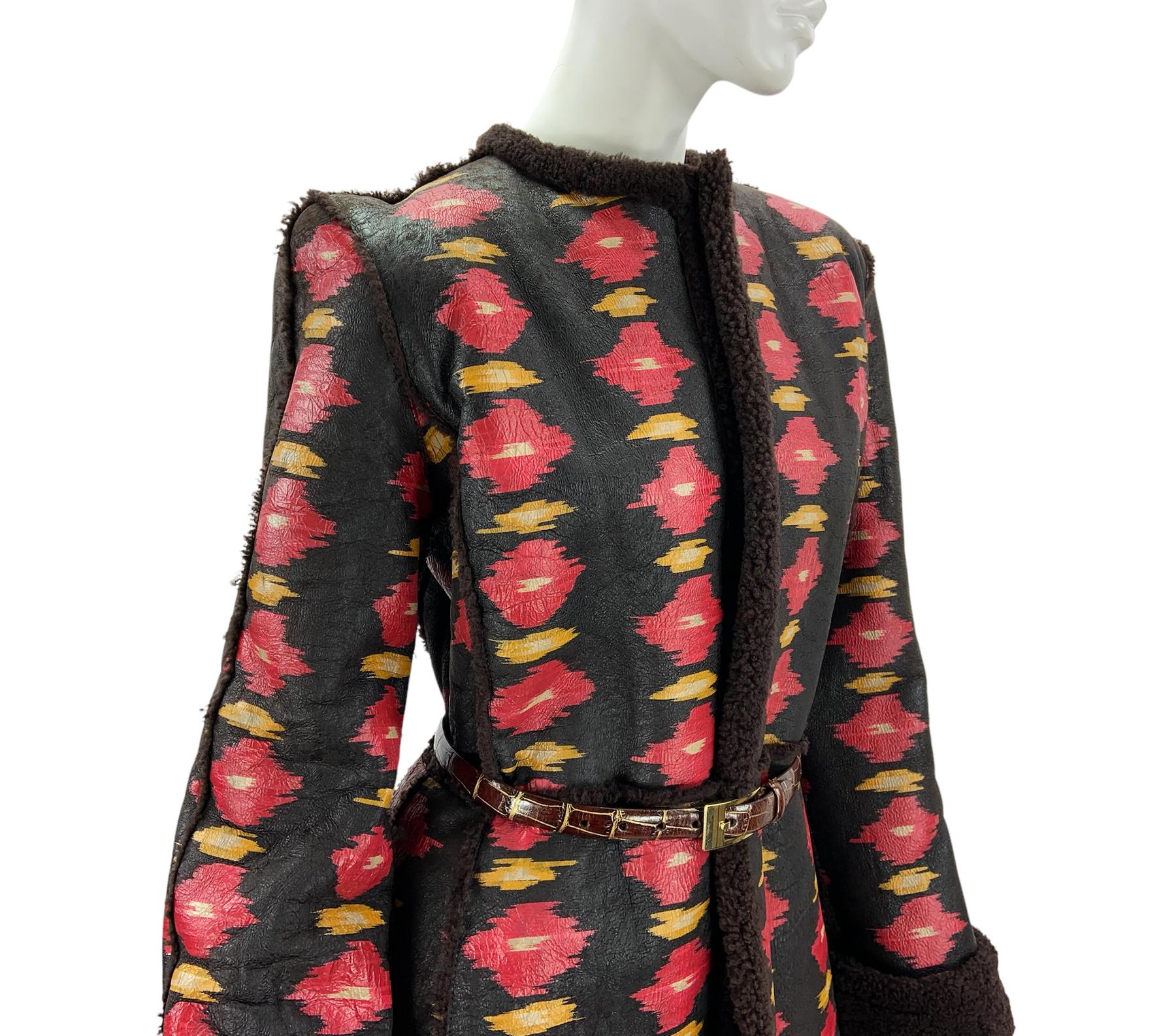 Vintage Oscar de la Renta Runway F/W 2005 Shearling Ikat Print Coat US 10 NWT 3