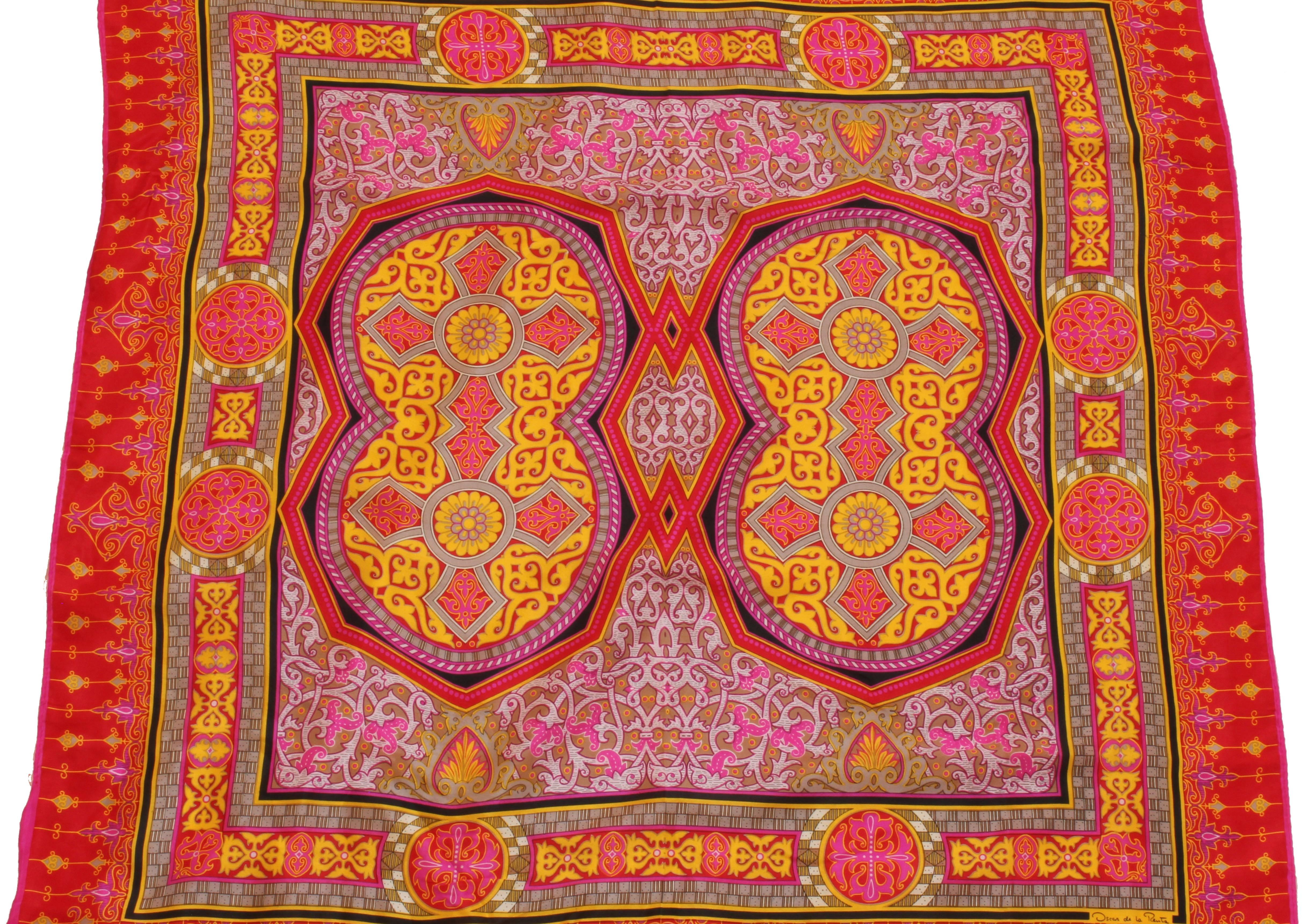 This pretty vintage scarf was made by ACCESSORY STREET for Oscar de la Renta, likely in the 1960s.  Made from 100% silk, it features a baroque style design in shades of pink, orange and yellow.  It measures 31in square, making it easy to wear as a