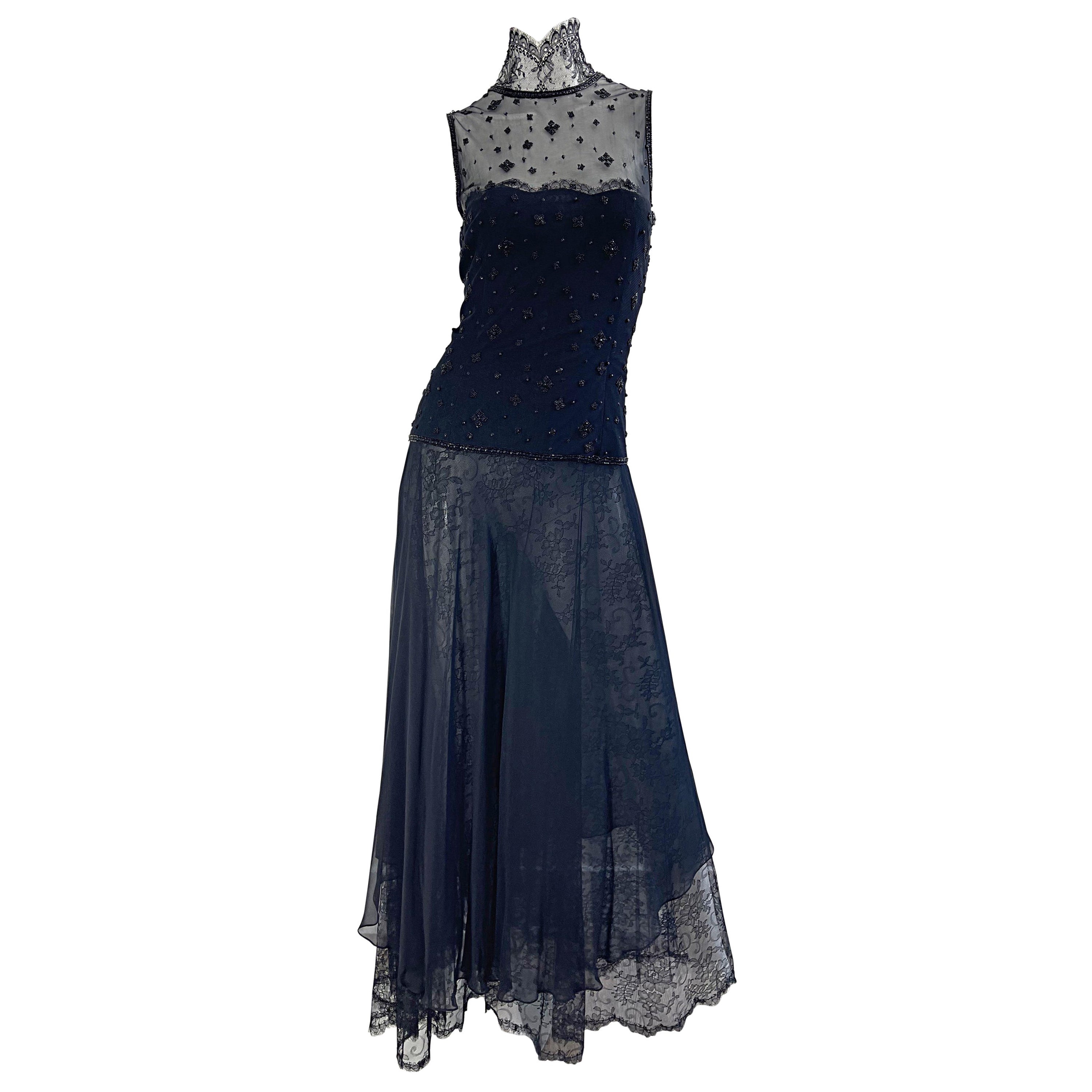 Oscar de la Renta - Robe vintage en mousseline de soie noire et dentelle Chantilly, taille 10 / 12