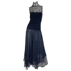 Oscar de la Renta - Robe vintage en mousseline de soie noire et dentelle Chantilly, taille 10 / 12