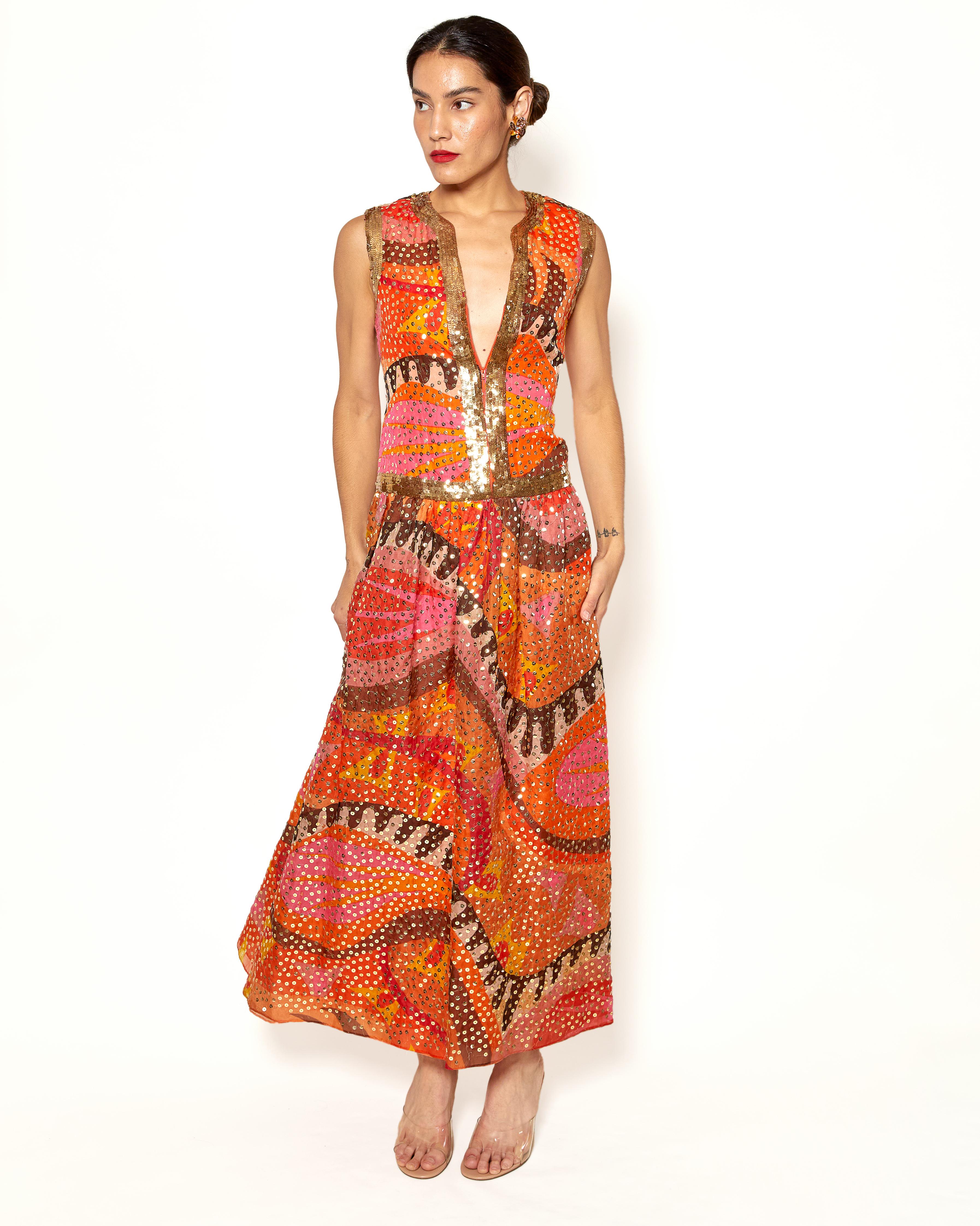 Women's Vintage Oscar De La Renta Silk Colorful Gown With Gold Sequins For Sale