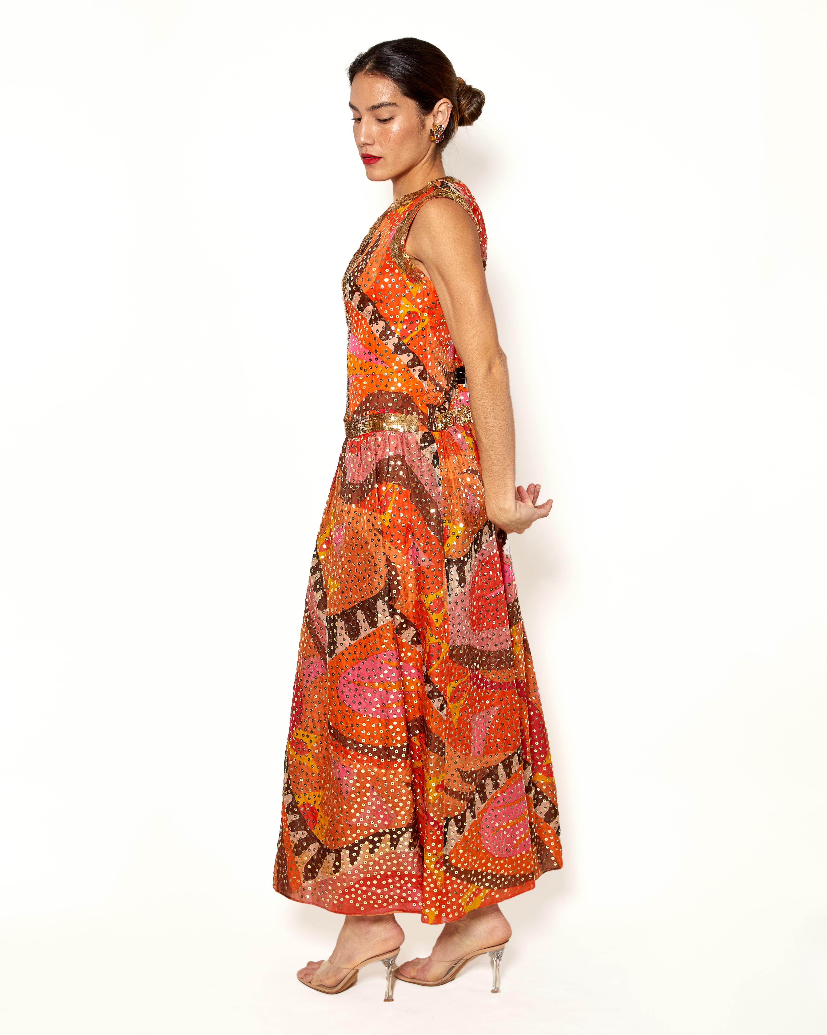 Vintage Oscar De La Renta Silk Colorful Gown With Gold Sequins For Sale 1