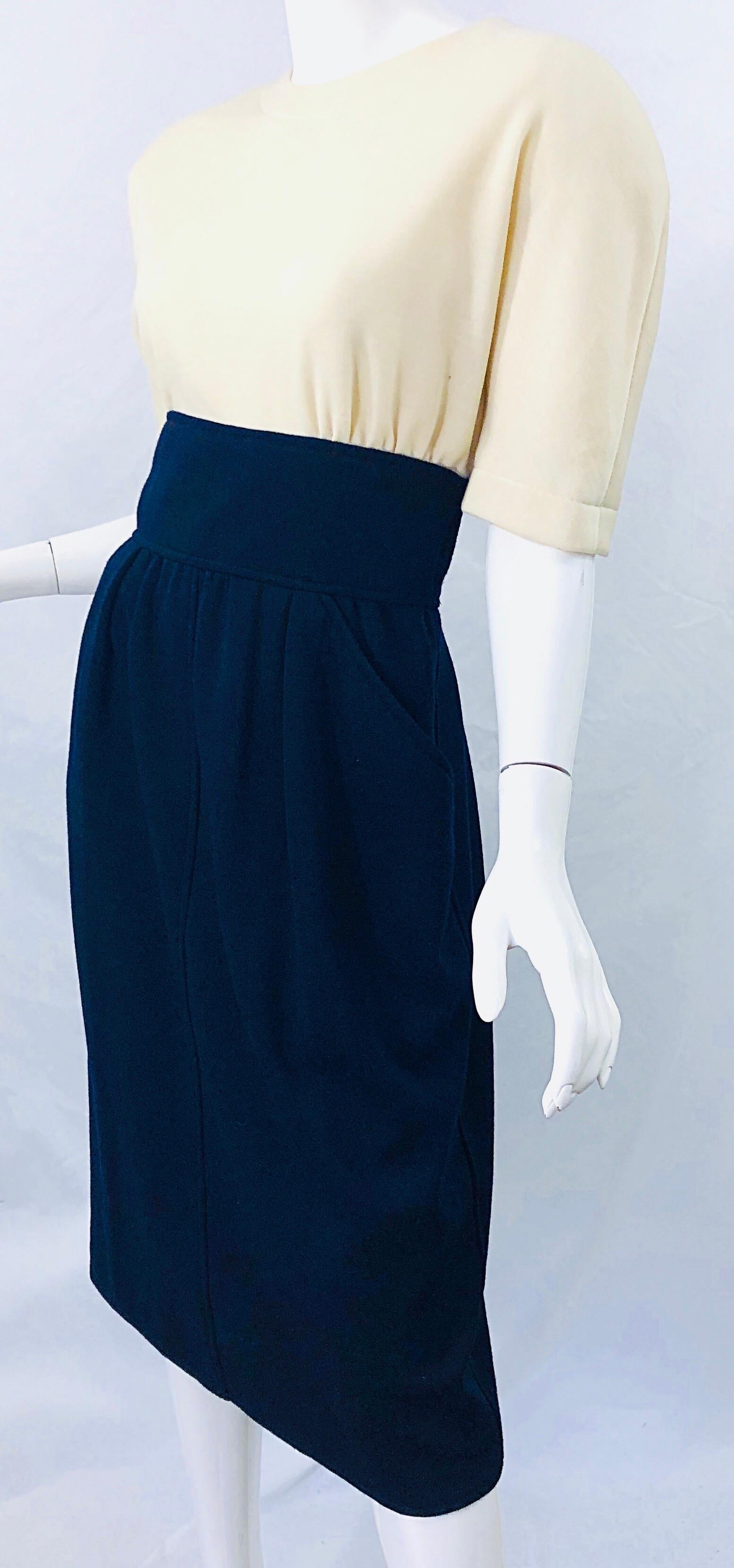 Vintage Oscar de la Renta Size 10 / 12 1980s Navy Blue + Ivory Wool 80s Dress 5