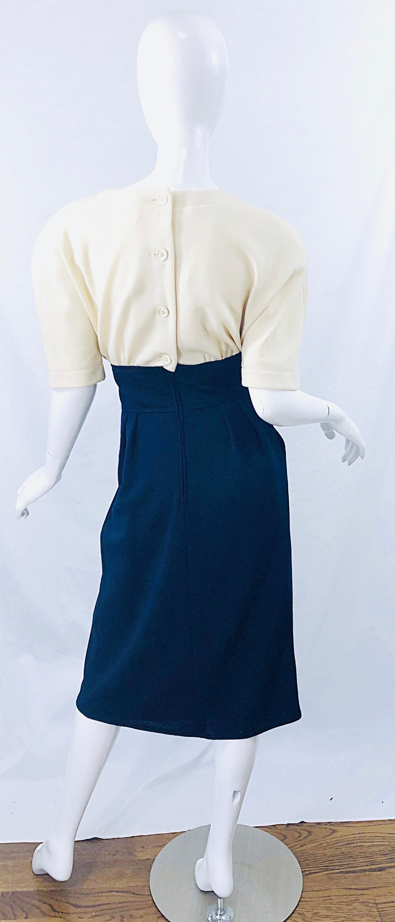 Vintage Oscar de la Renta Size 10 / 12 1980s Navy Blue + Ivory Wool 80s Dress 6