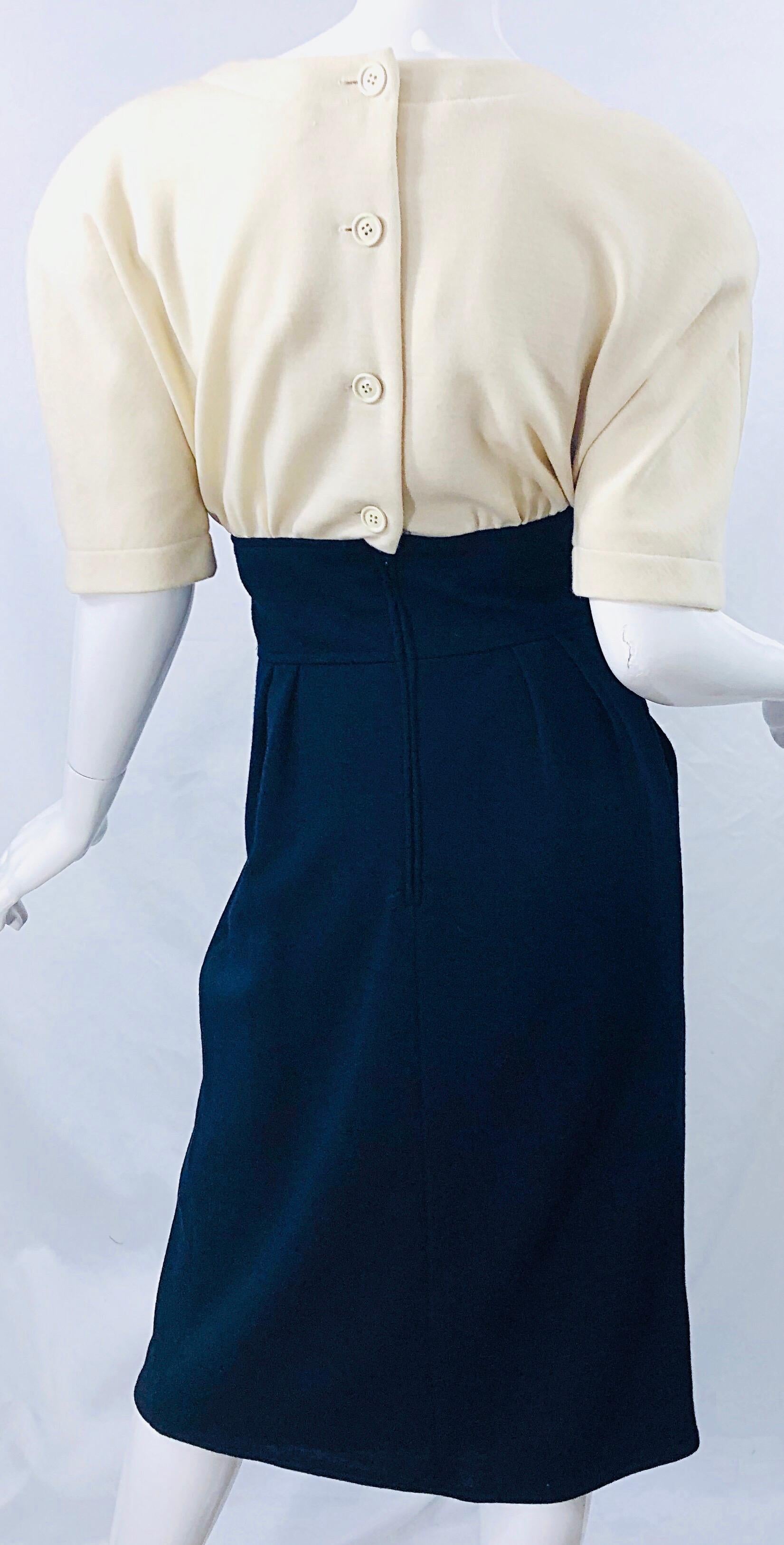 Vintage Oscar de la Renta Size 10 / 12 1980s Navy Blue + Ivory Wool 80s Dress 3