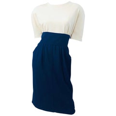 Vintage Oscar de la Renta Size 10 / 12 1980s Navy Blue + Ivory Wool 80s Dress